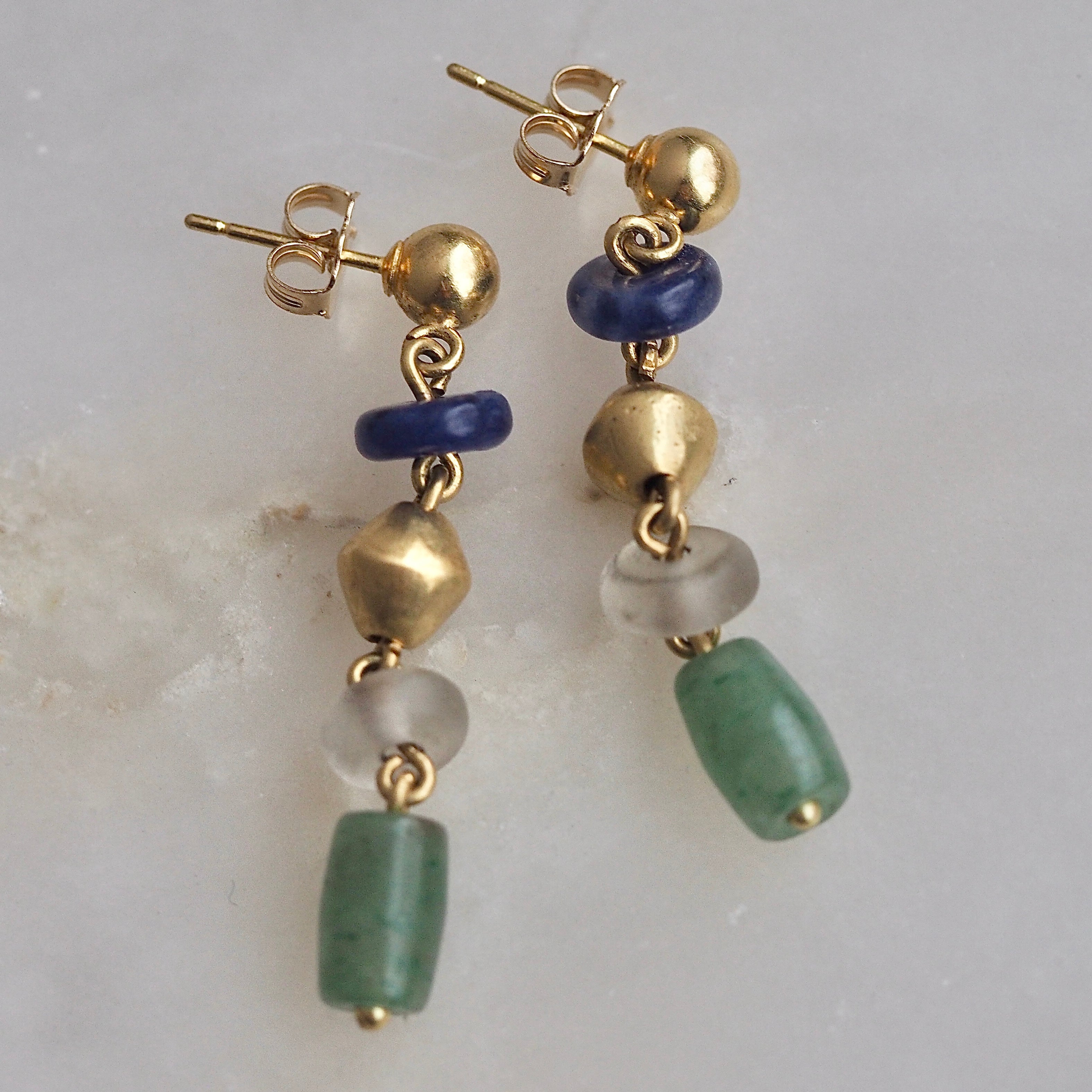 Ancient Inspired Vintage 18k Gold Aventurine Lapis & Glass Earrings