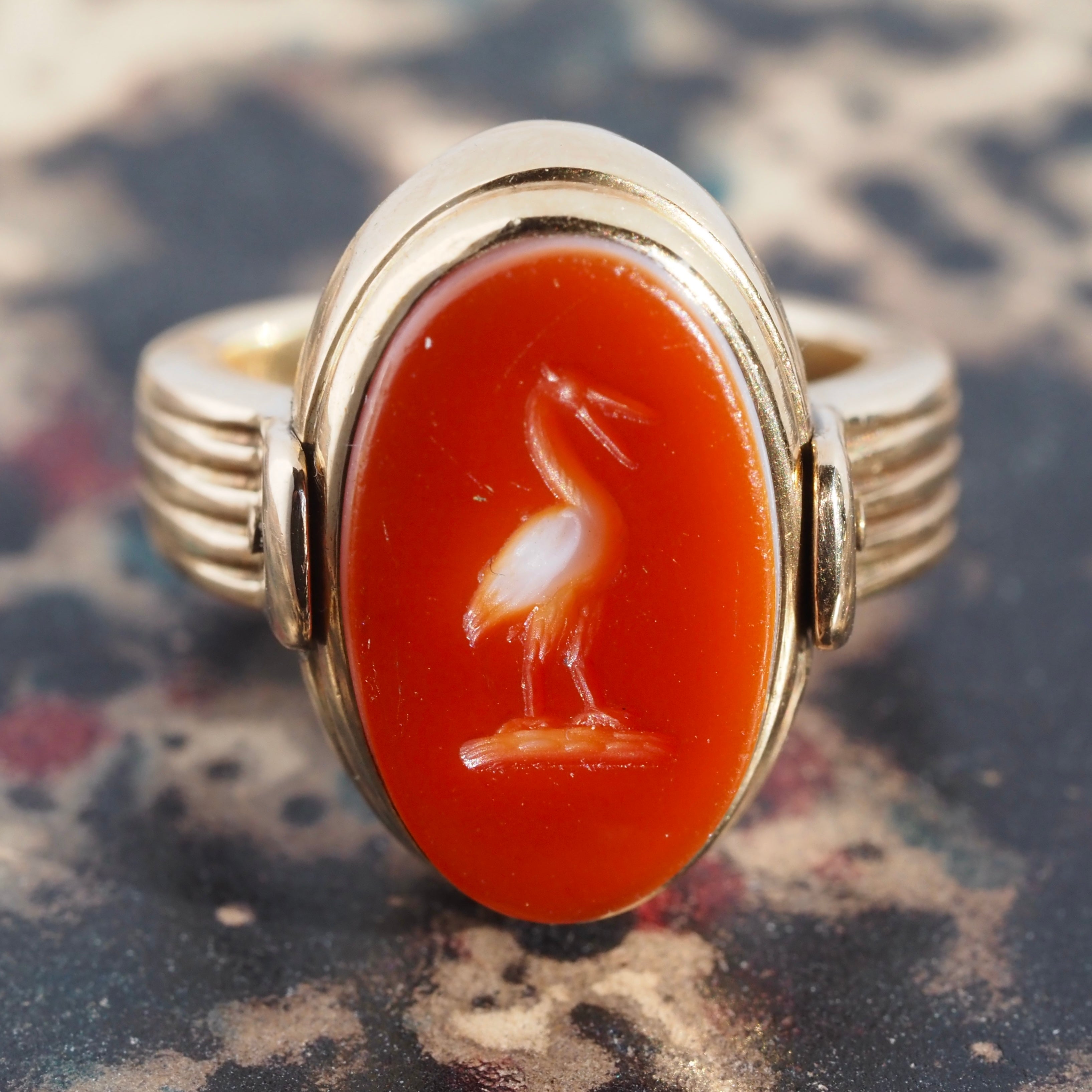 Antique Victorian Heron & Boar Swivel Intaglio Carnelian and Banded Agate 14k Gold Ring