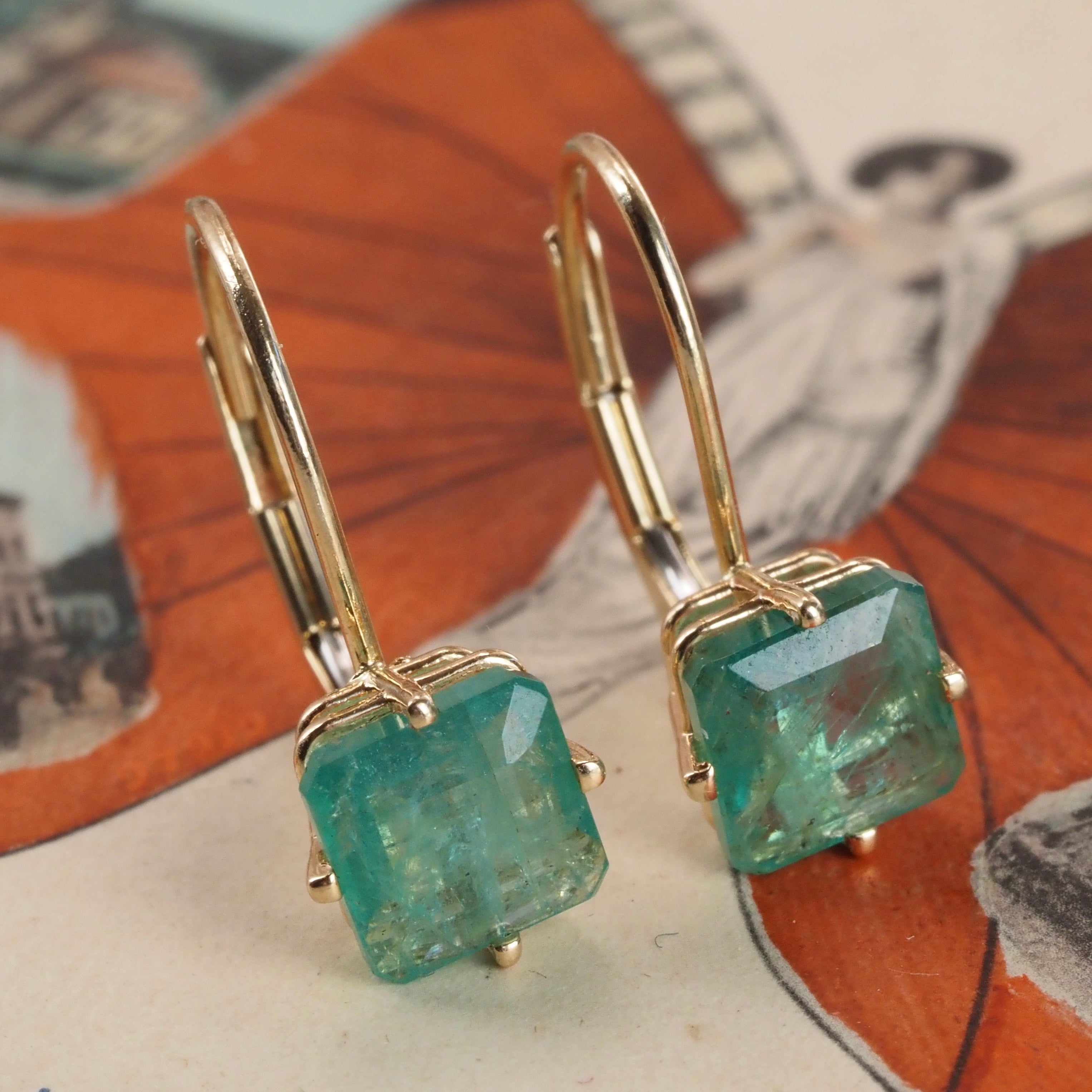 Vintage 14k Gold Square Cut Emerald Drop Earrings