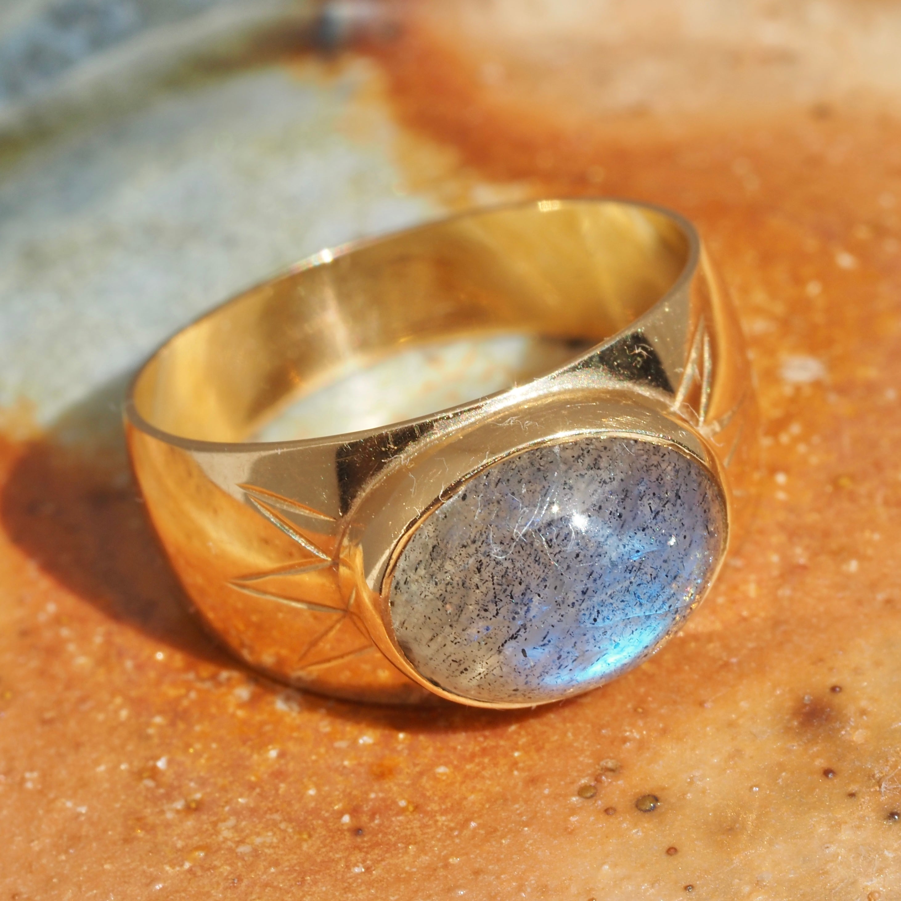 Mid-Century Swedish Labradorite Cabochon Wide 18k Gold Ring