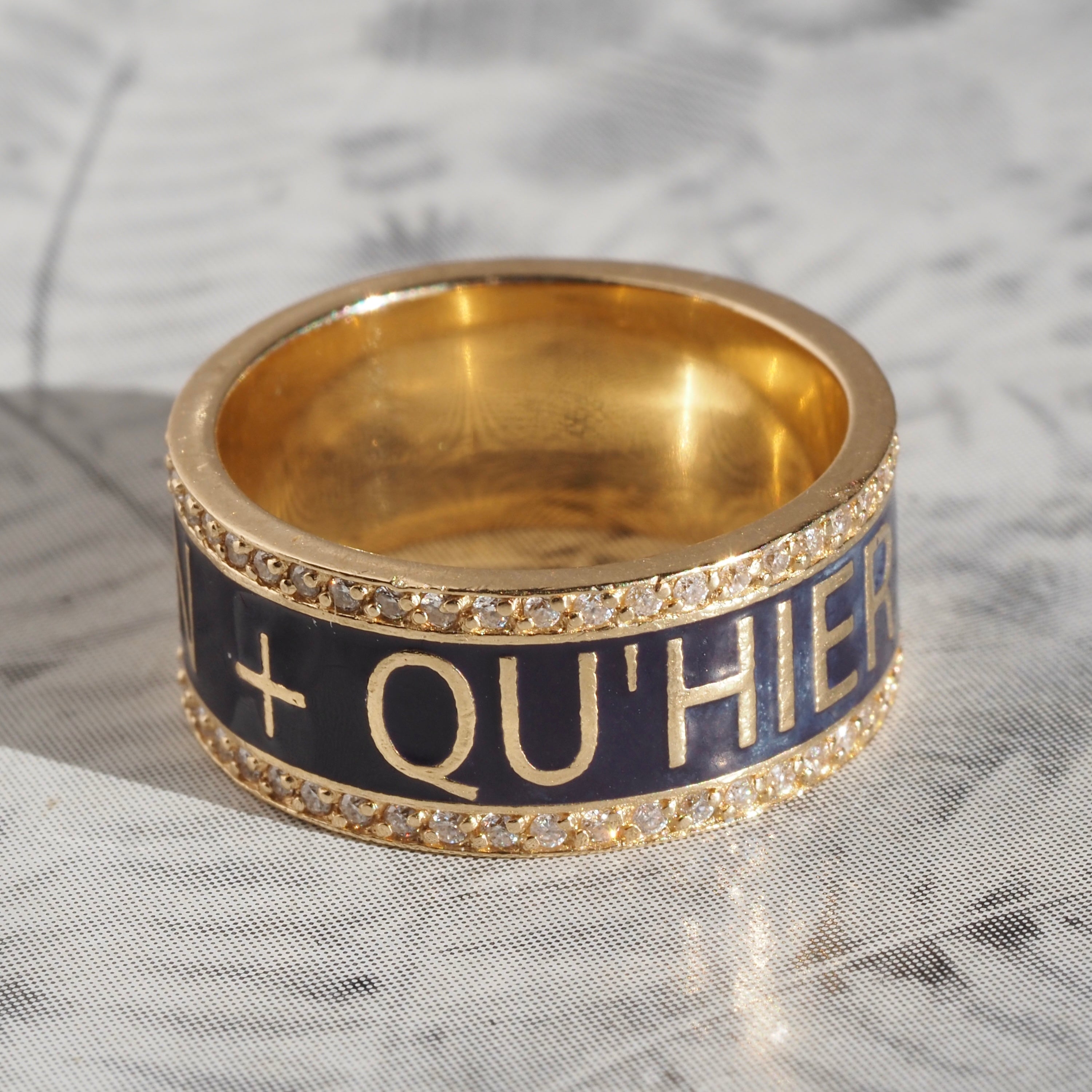 Qu'hier Que Demain "More Than Yesterday, Less Than Tomorrow" Blue Enamel and Diamond 14k Gold Band