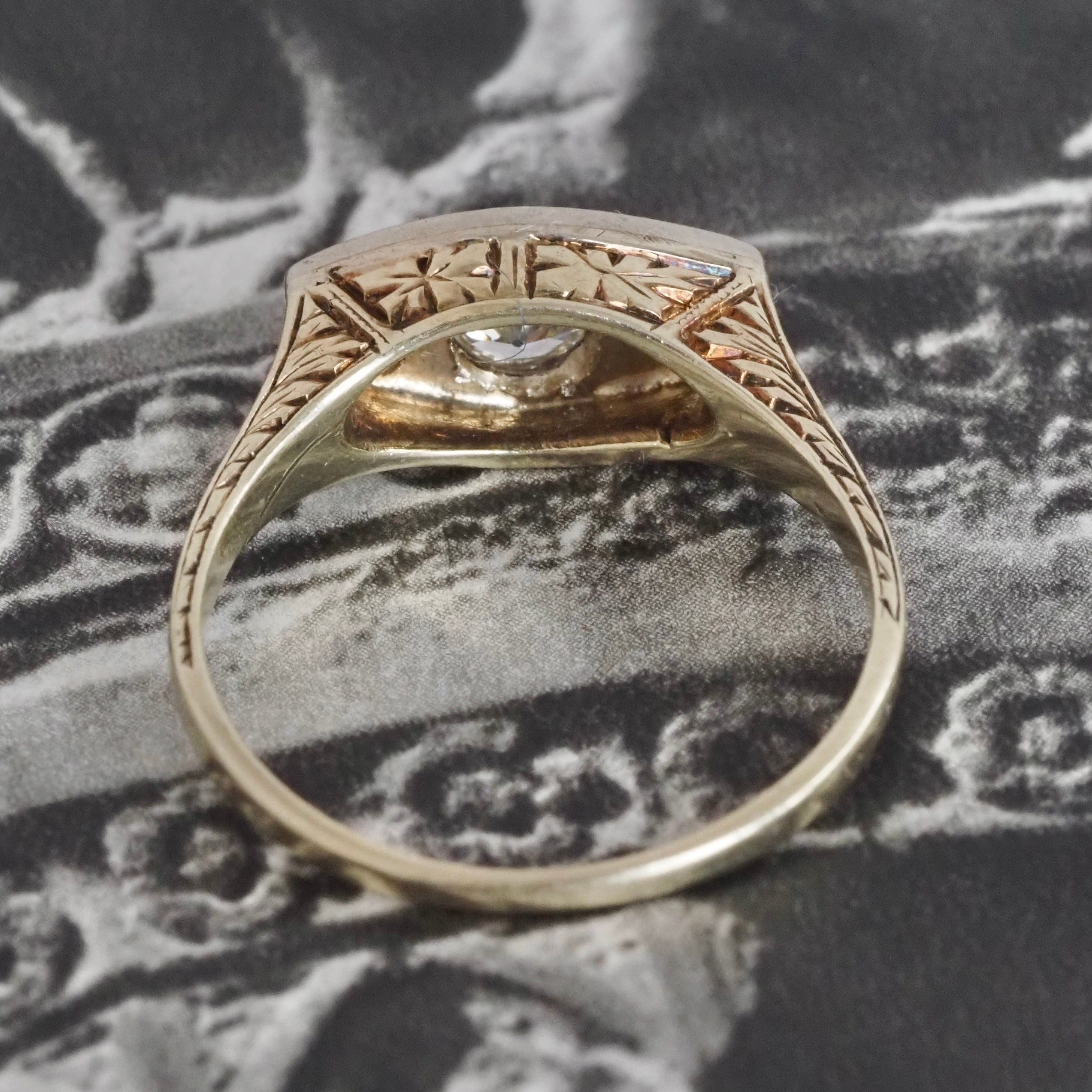 Antique Art Deco Old European Cut Diamond Trilogy 14k Gold Two Tone Engagement Ring