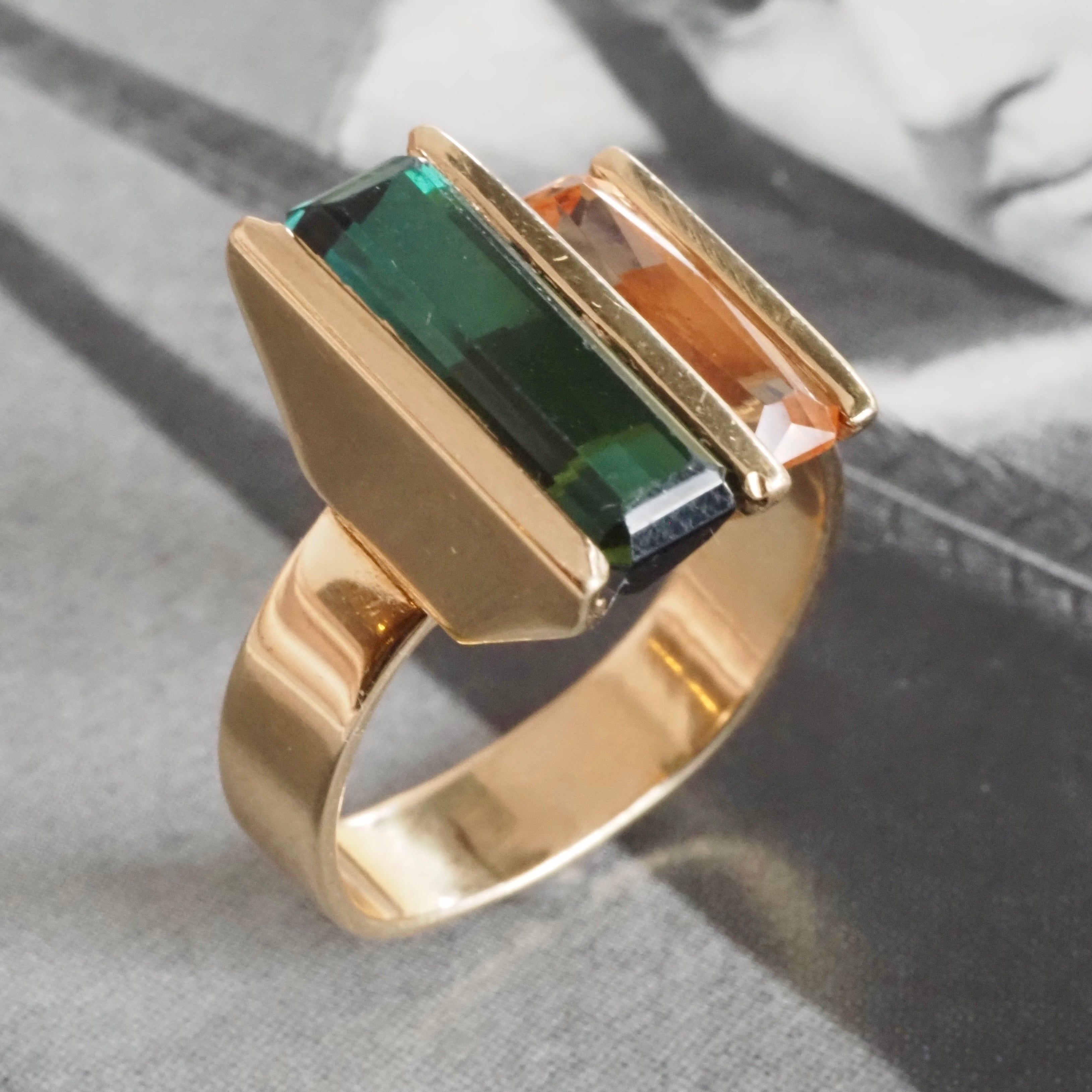 Modernist Tourmaline and Imperial Topaz 14k Gold Ring
