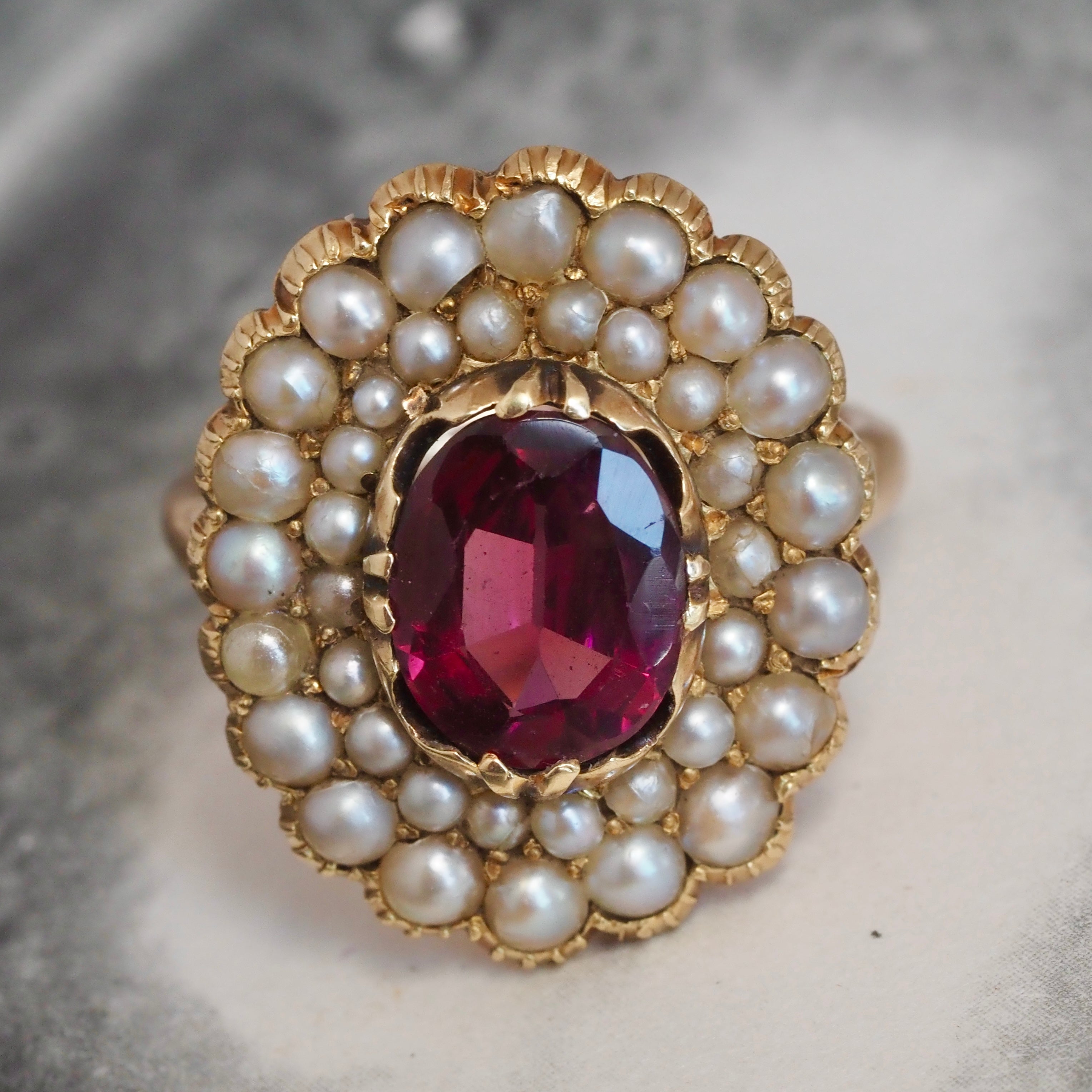 Antique English Late Georgian 14k Gold Rhodolite Garnet and Seed Pearl Double Halo Ring