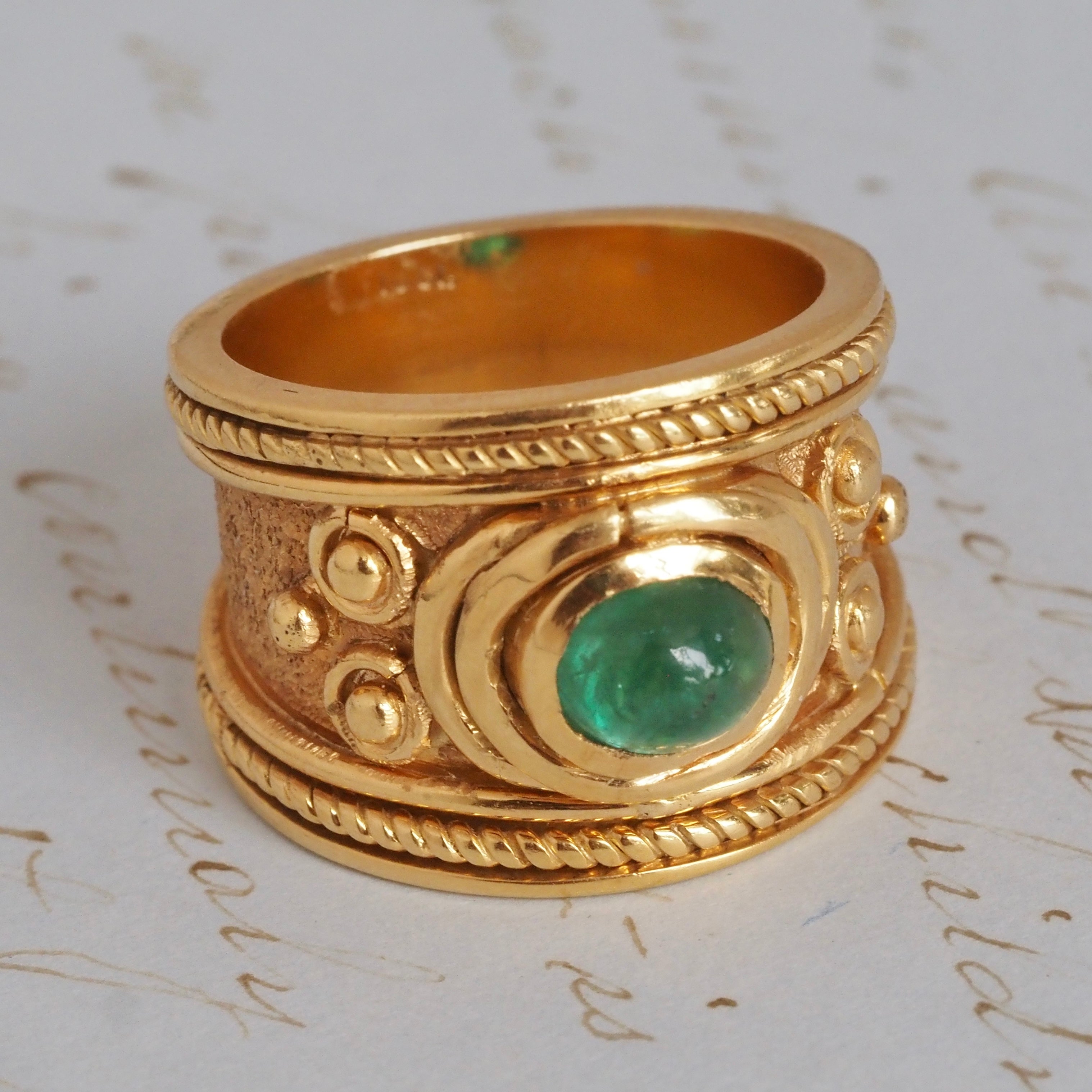 Etruscan Style Emerald Cabochon 18k Gold Wide Ring