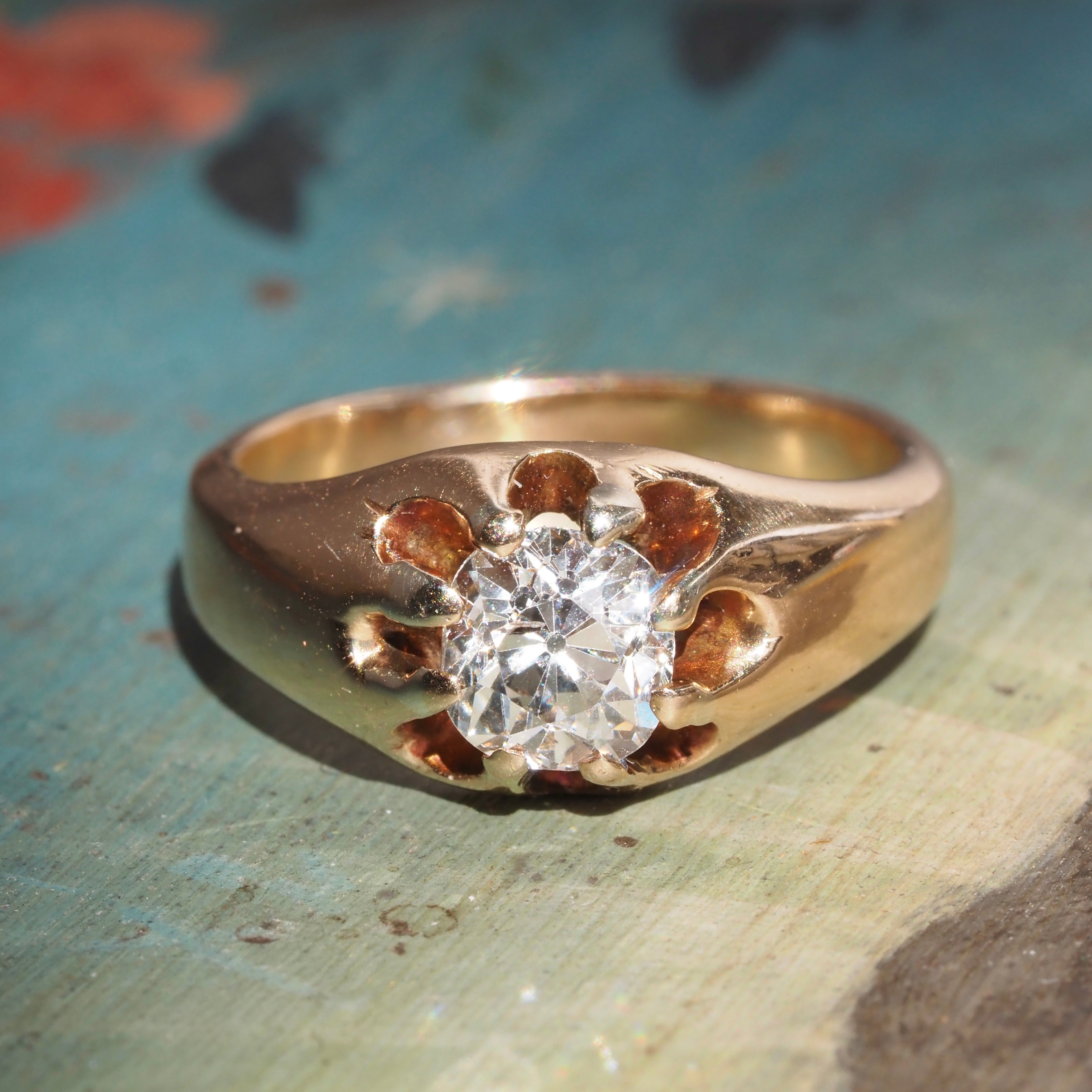 Antique Old Mine Cut Diamond Belcher Set 14k Gold Engagement Ring