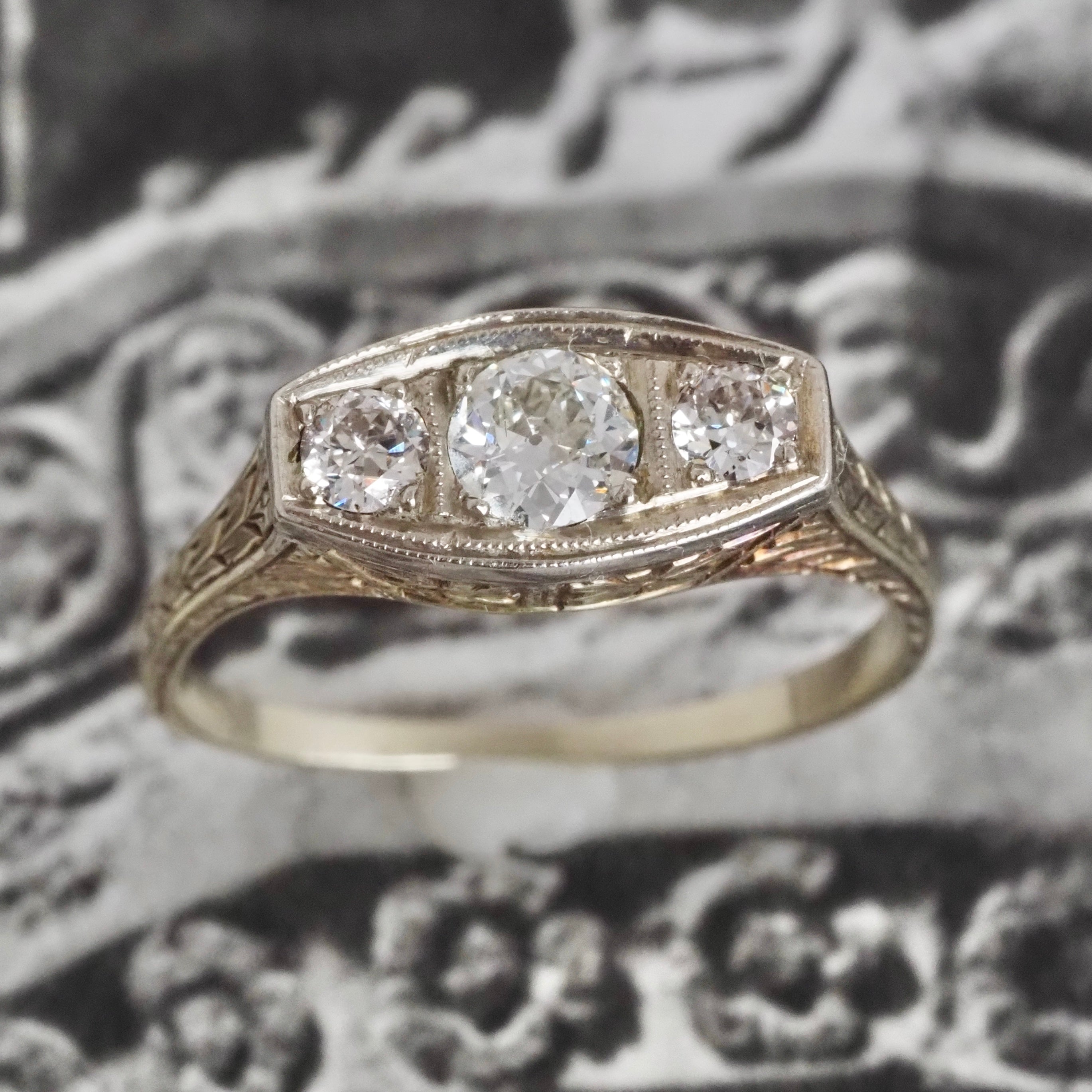 Antique Art Deco Old European Cut Diamond Trilogy 14k Gold Two Tone Engagement Ring