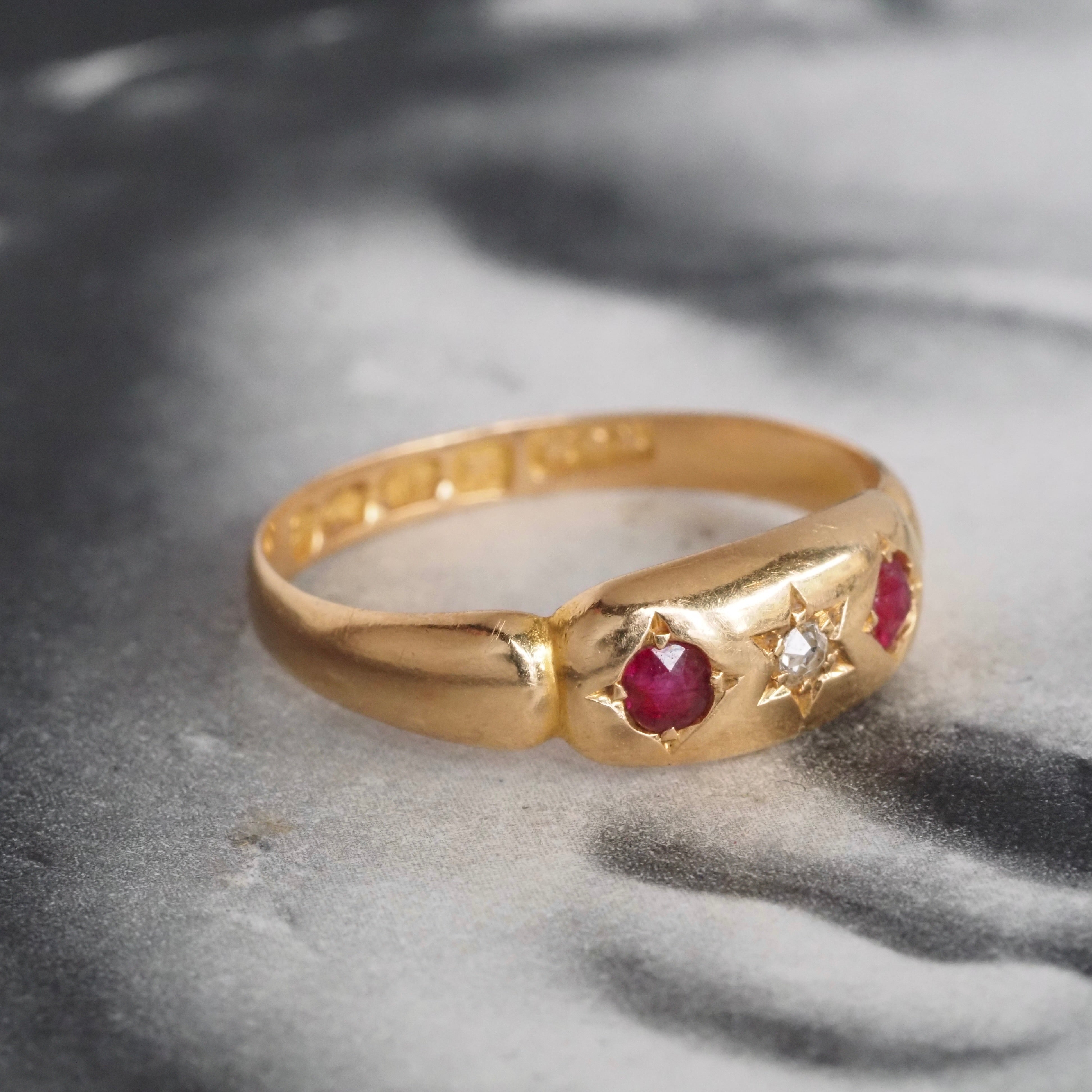 Antique Victorian English c. 1893 Ruby and Old Mine Cut Diamond Starburst 18k Gold Ring