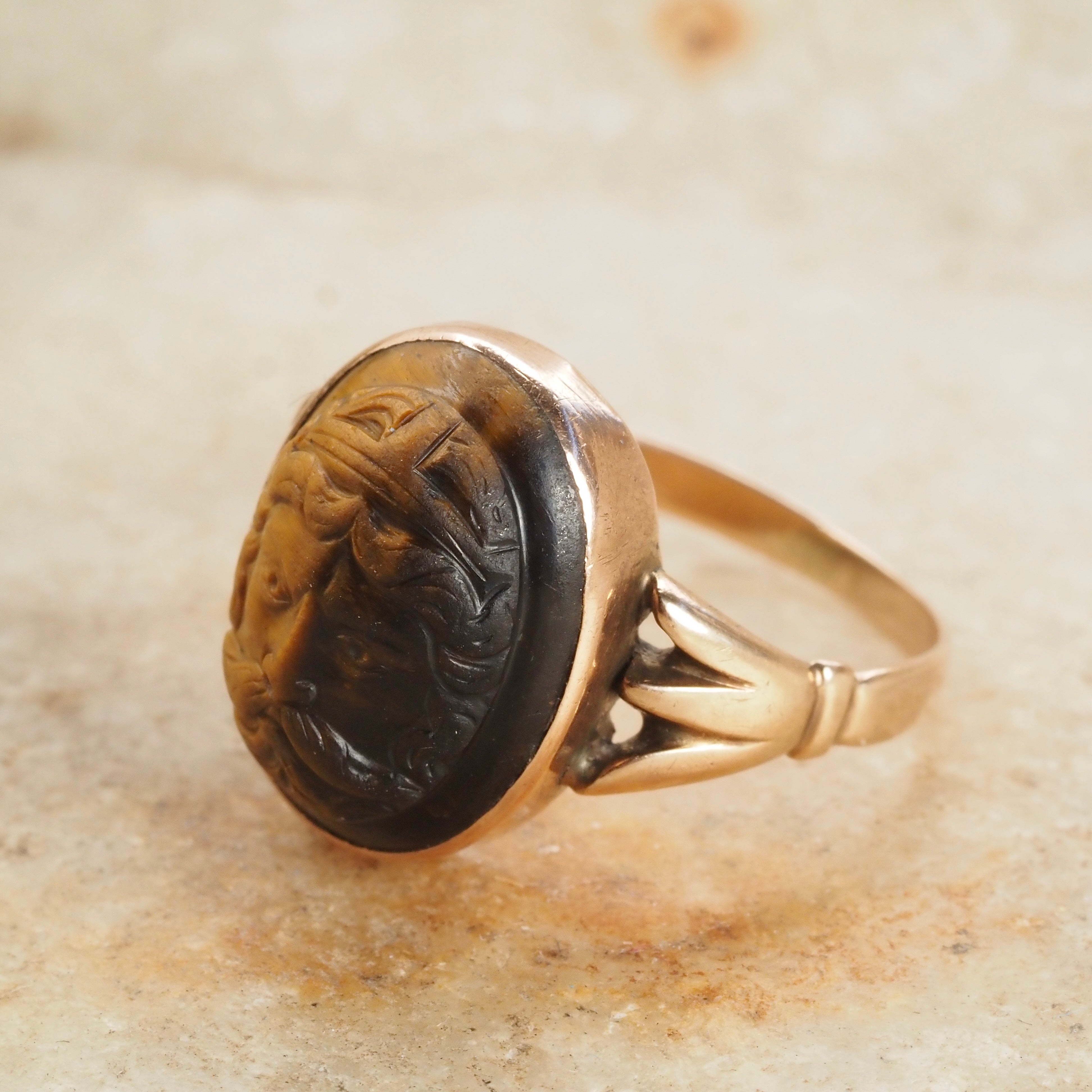Antique Victorian Carved Zeus Tiger's Eye 10k Gold Ring