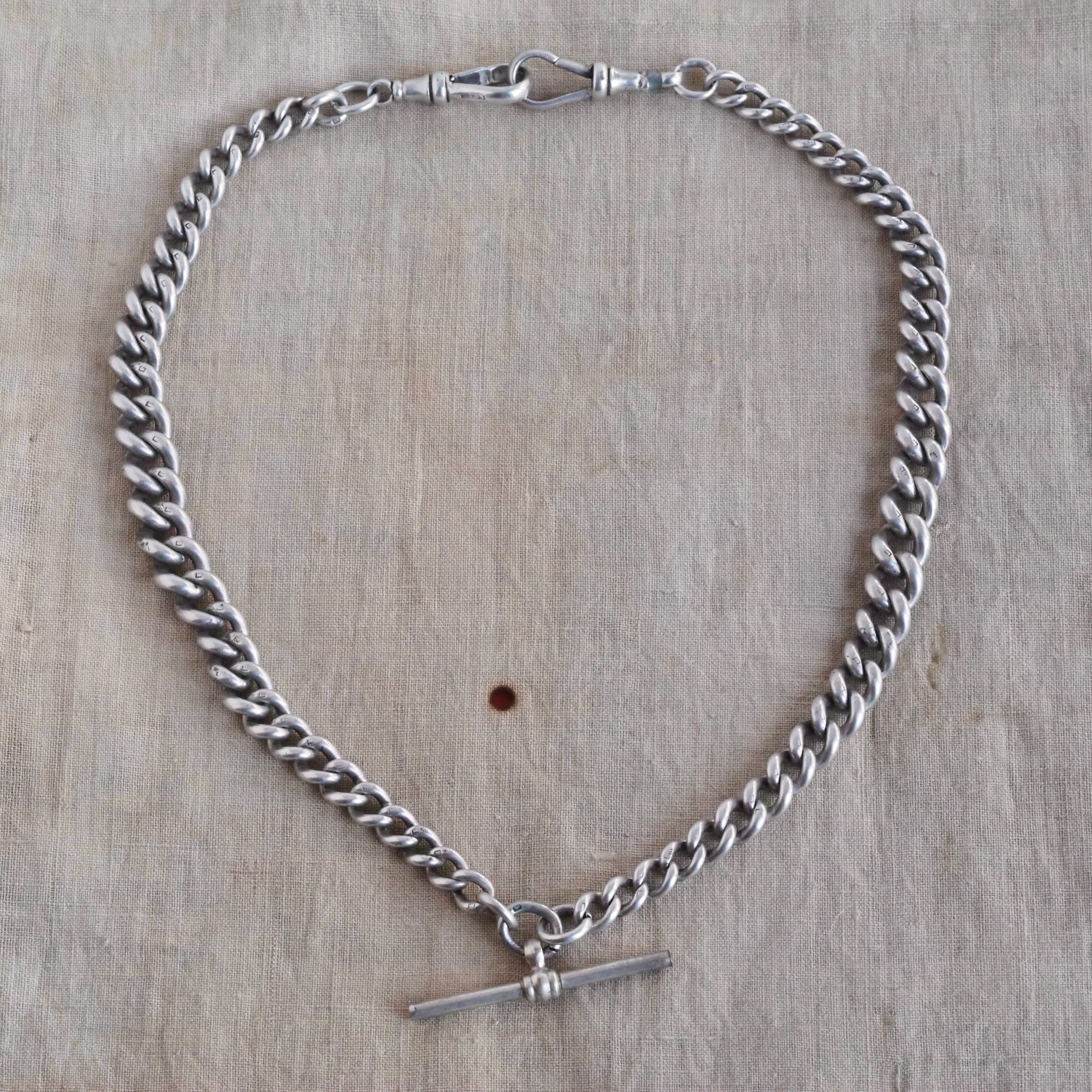 Antique English Sterling Silver Watch Chain Necklace With Graduated Links & T Bar