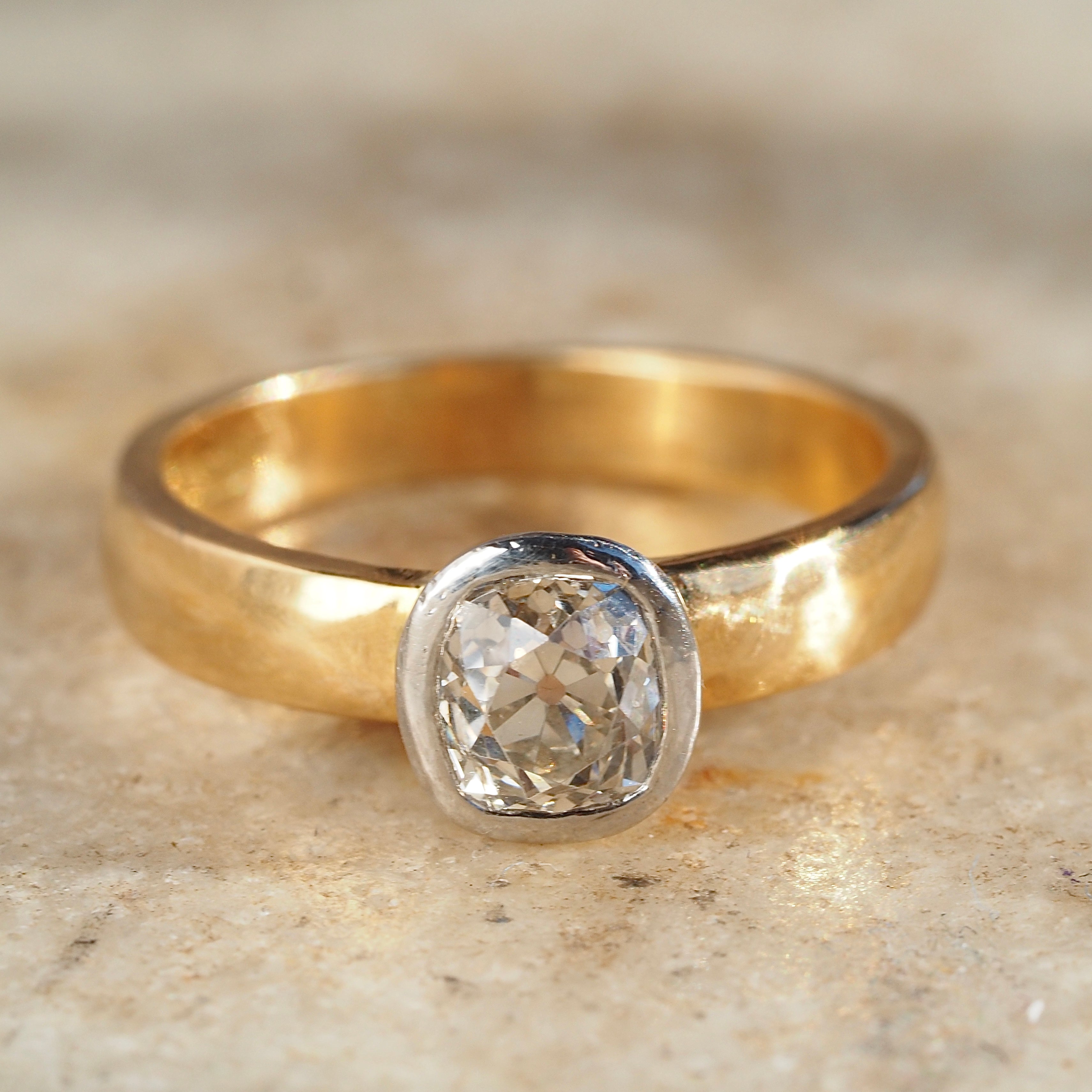 Vintage English 22k Gold Platinum Bezel Set 1.10ct Old Mine Cut Diamond Engagement Ring