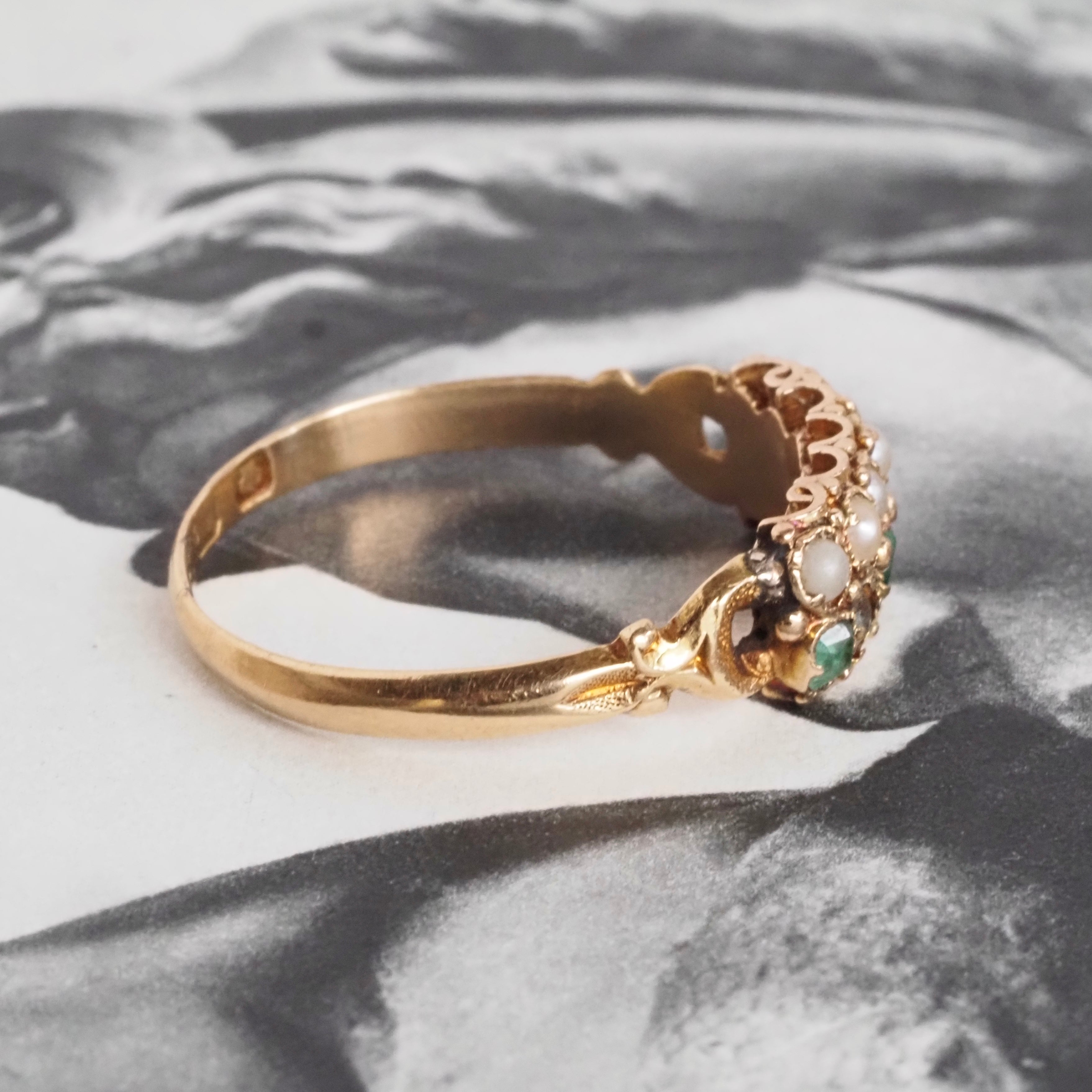 Antique English Victorian Emerald and Paste Seed Pearl 18k Gold Ring