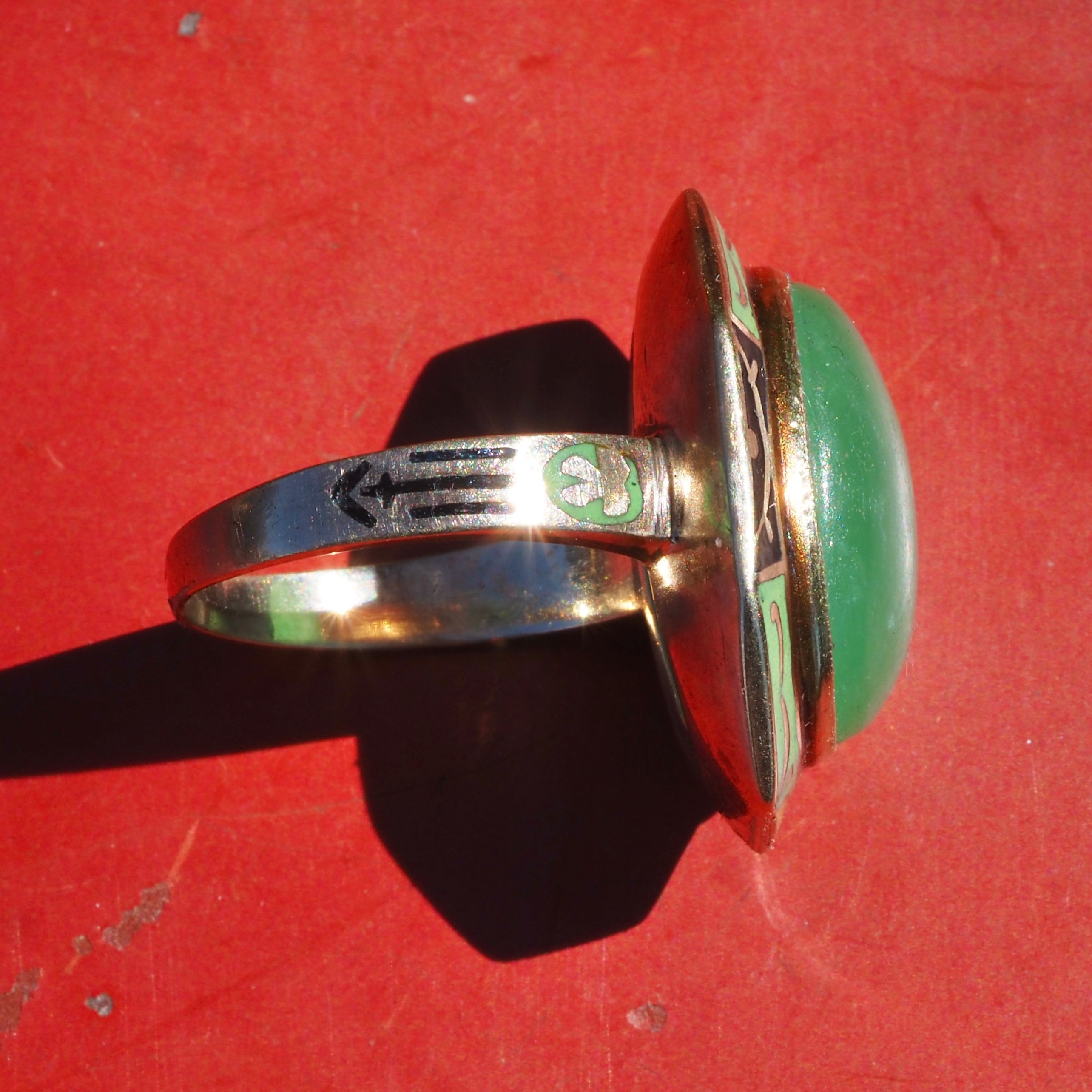 Antique Art Deco Jade and Enamel 14k Gold Ring
