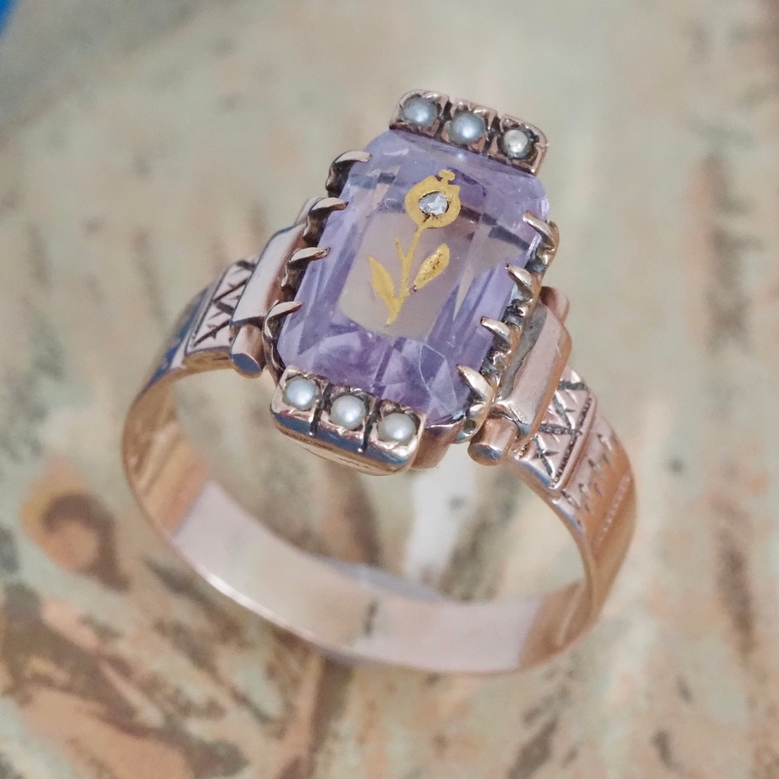 Antique Victorian Rose of Sharon Amethyst Diamond Seed Pearl 10k Gold Ring