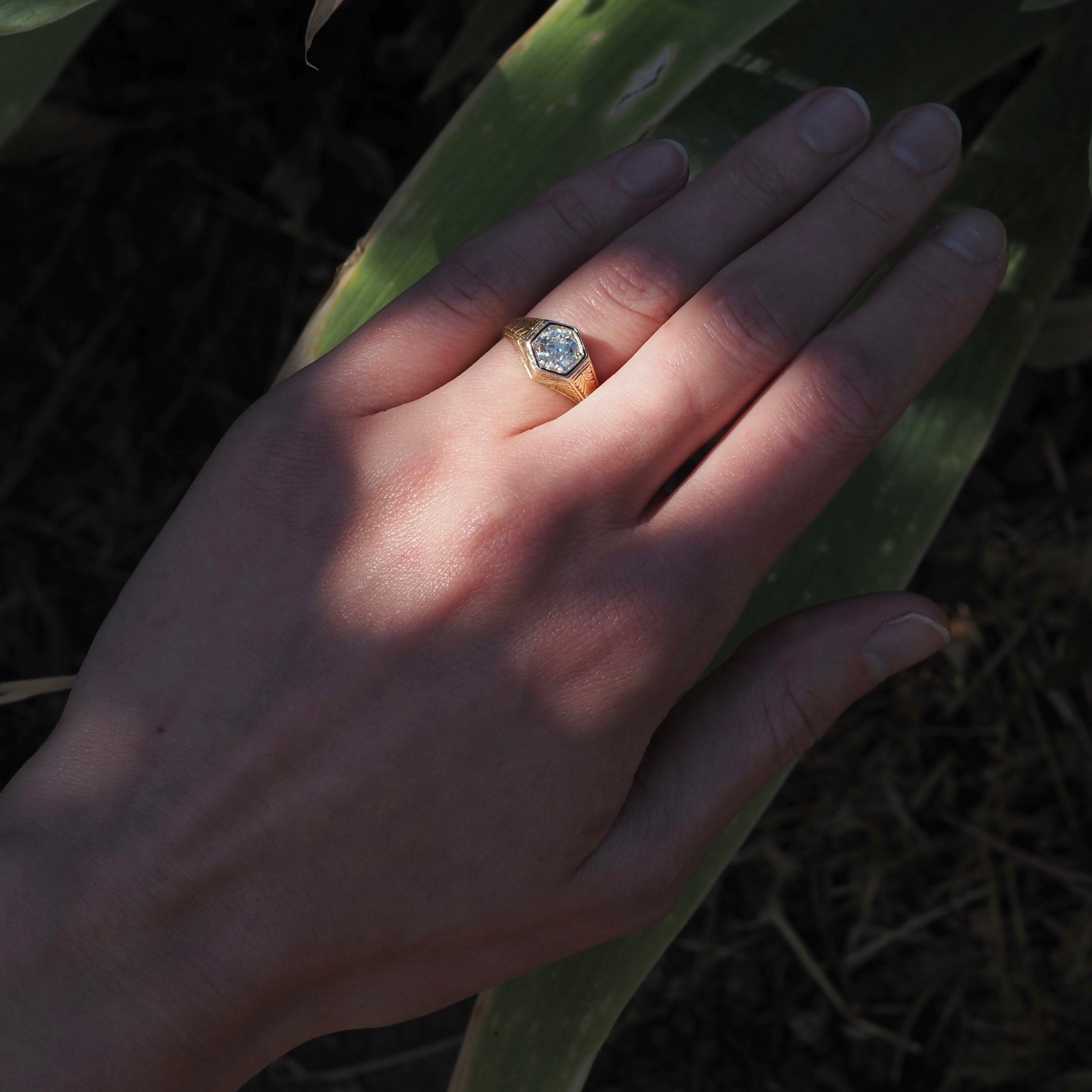 Art Deco 14k Gold Enamel Old European Cut Diamond Engagement Ring