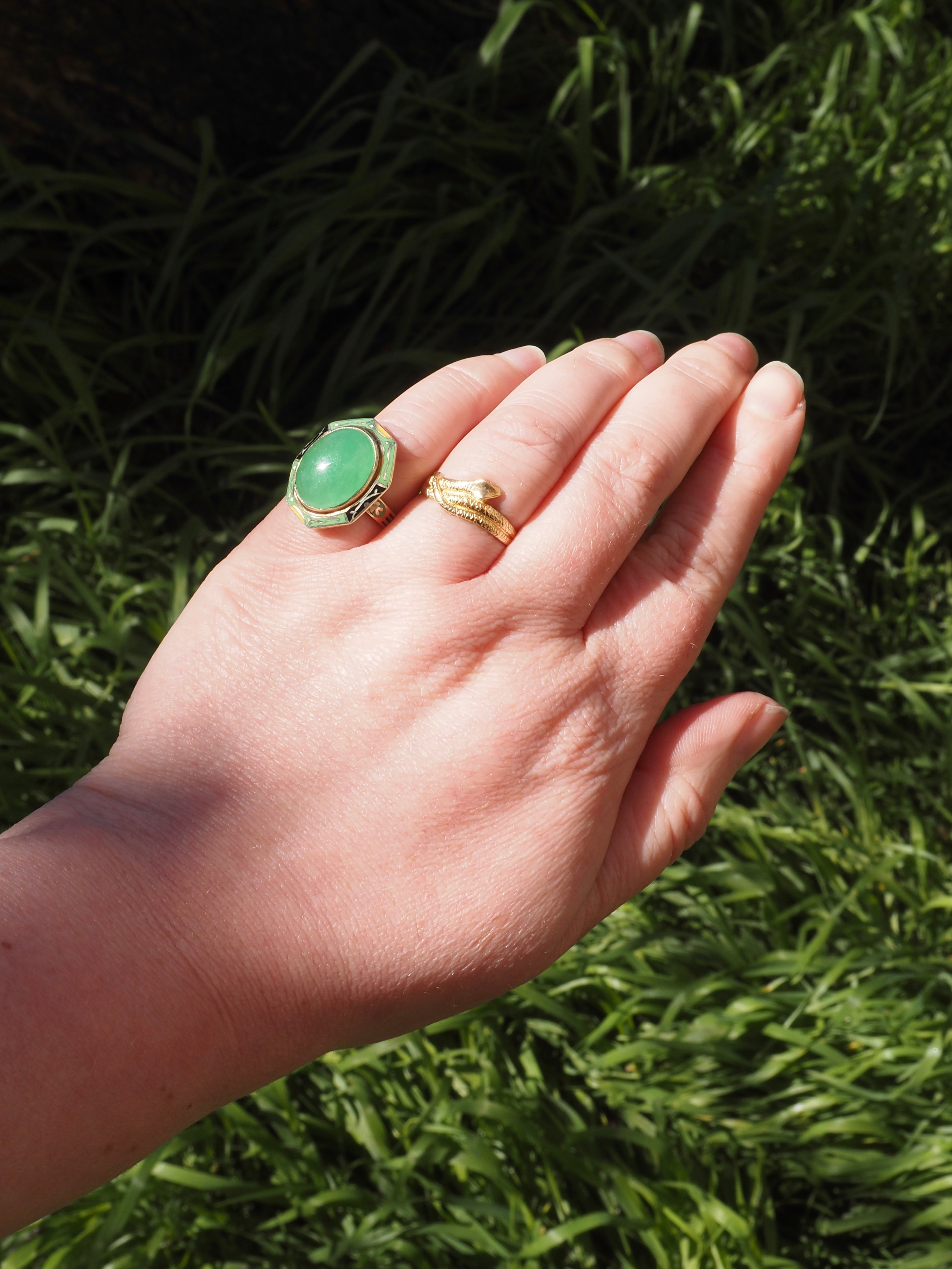 Antique Art Deco Jade and Enamel 14k Gold Ring