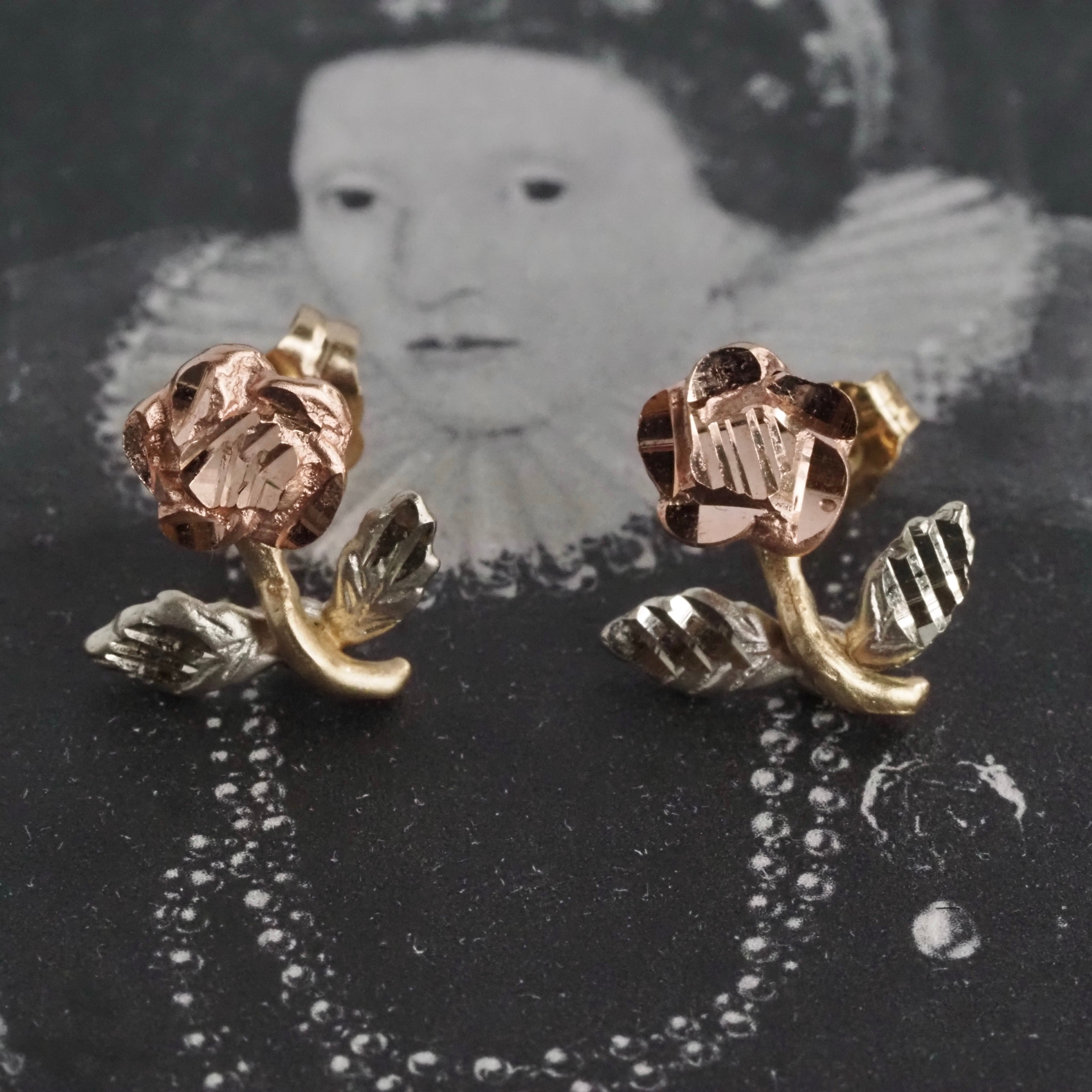 Vintage 14k Rose Gold & Green Gold Rose Studs