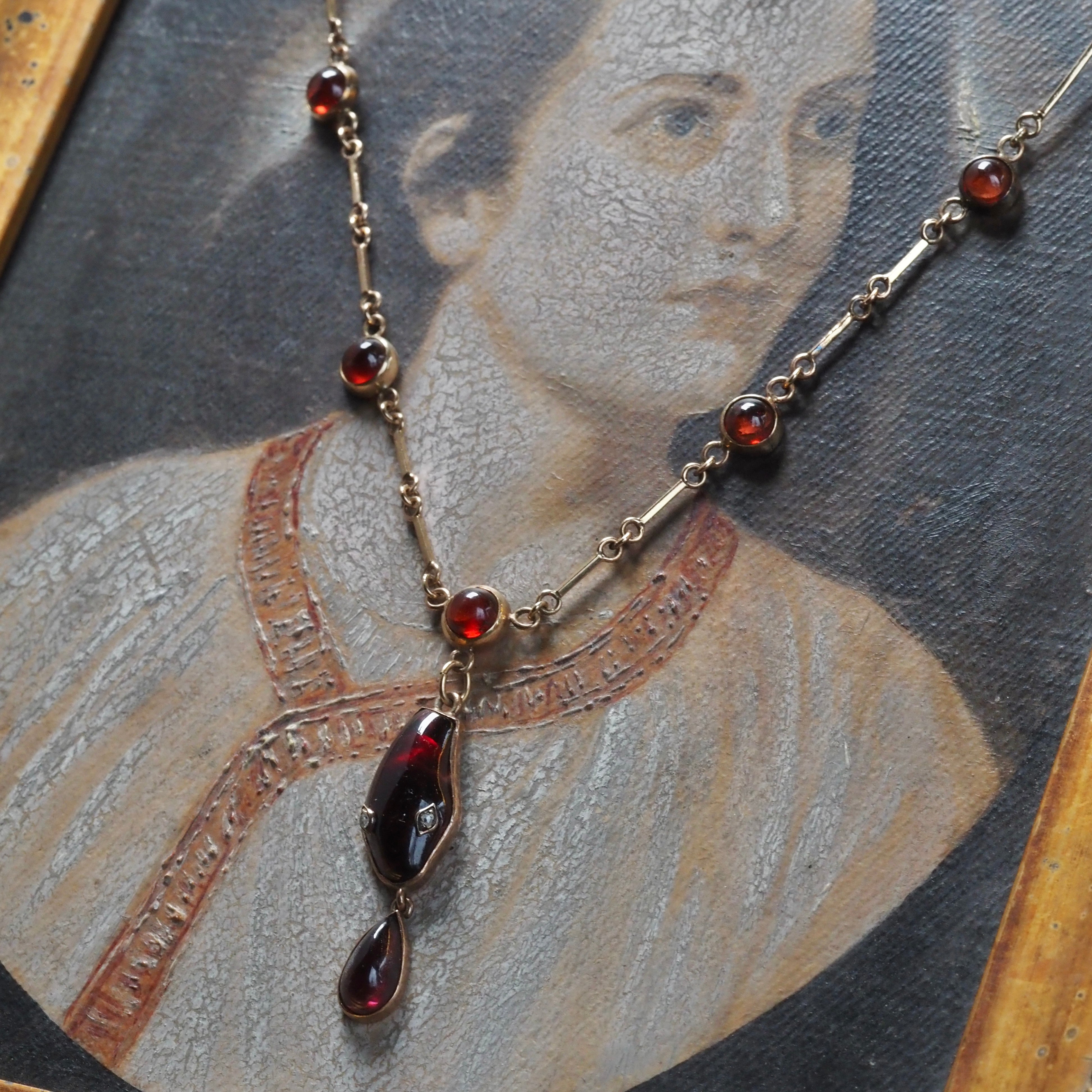 Antique Garnet Snake with Rose Cut Diamond Eyes 14k Gold Necklace