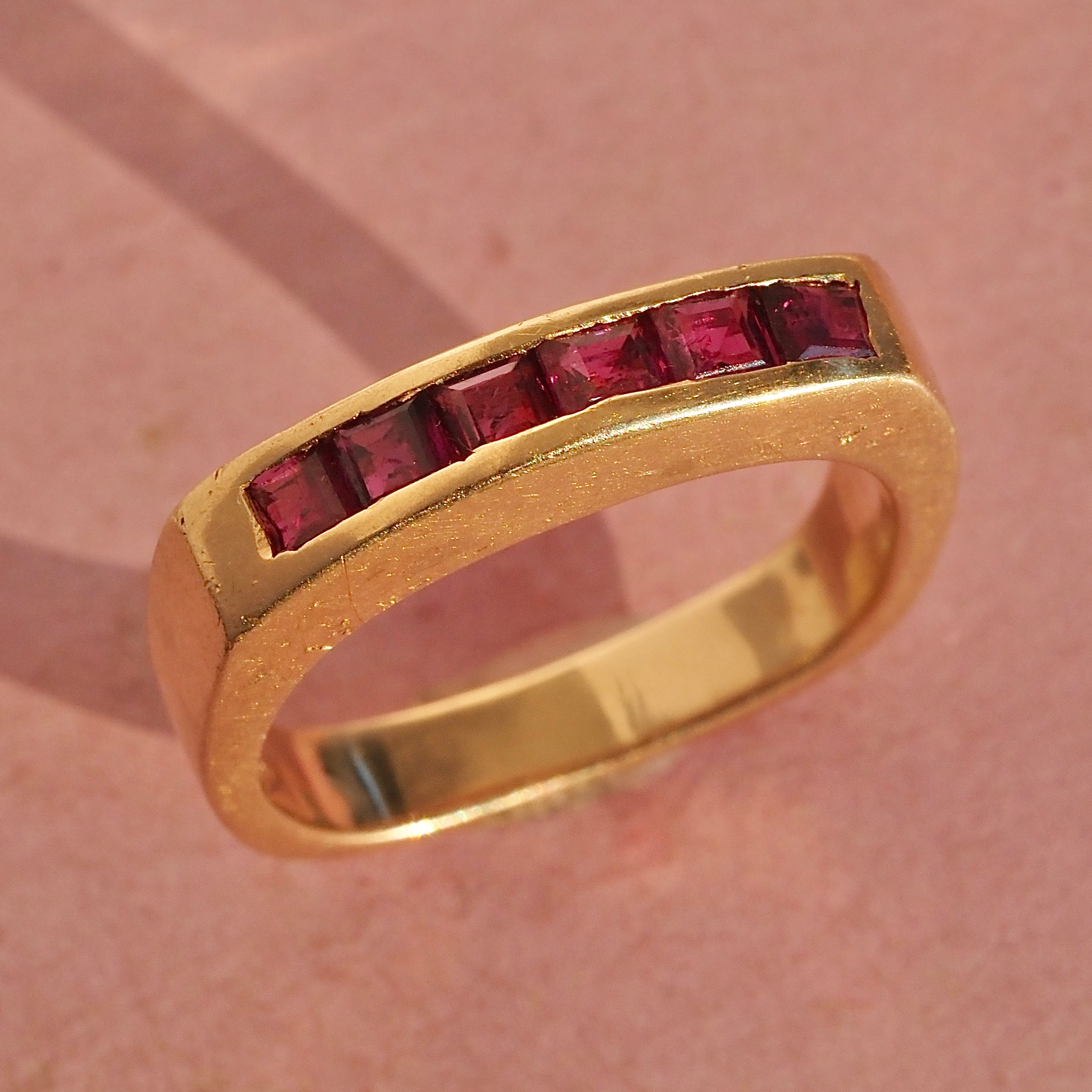 Vintage Natural Ruby Channel Set Squared 14k Gold Ring