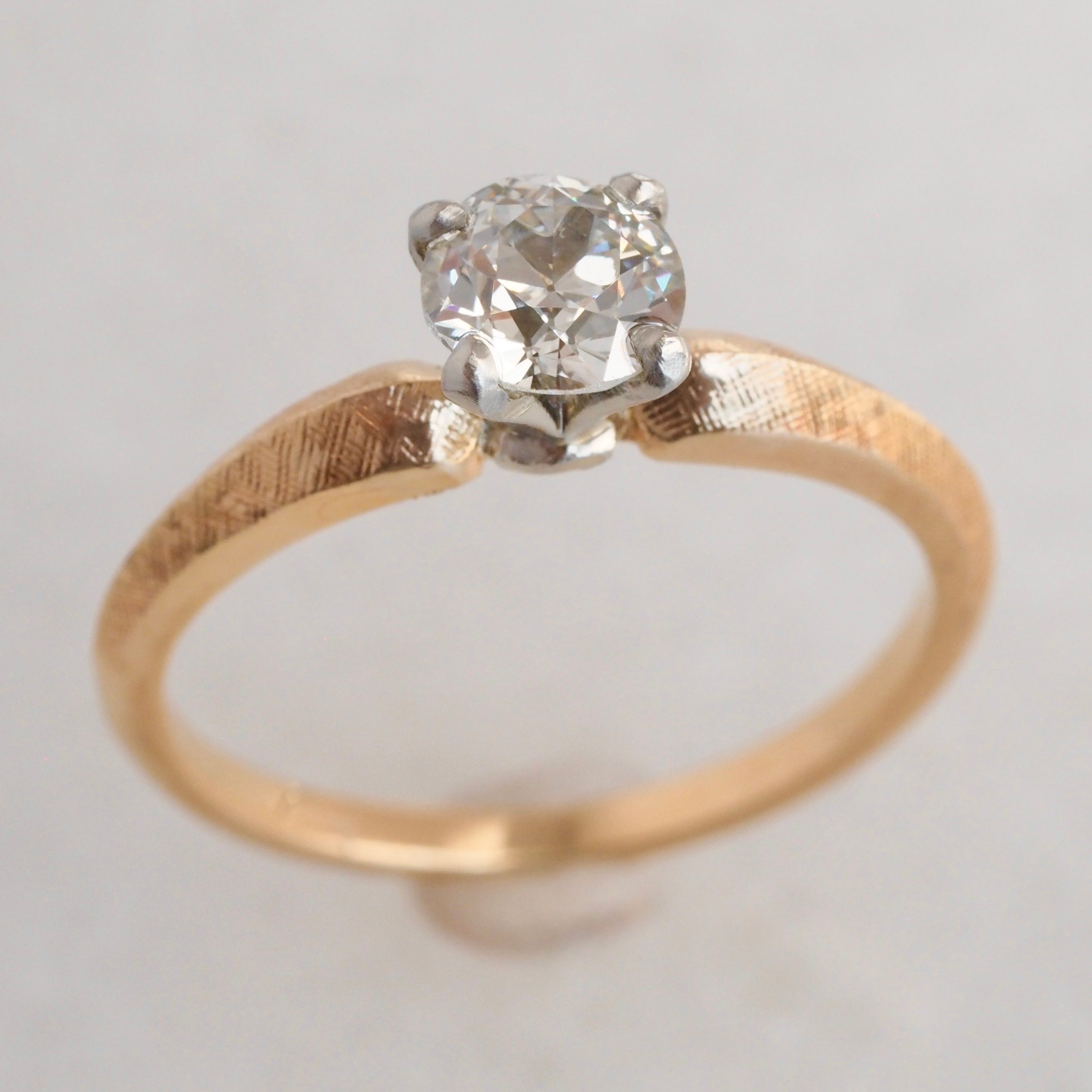 Midcentury Modern Brushed 18k Gold Old European Cut Diamond Ring