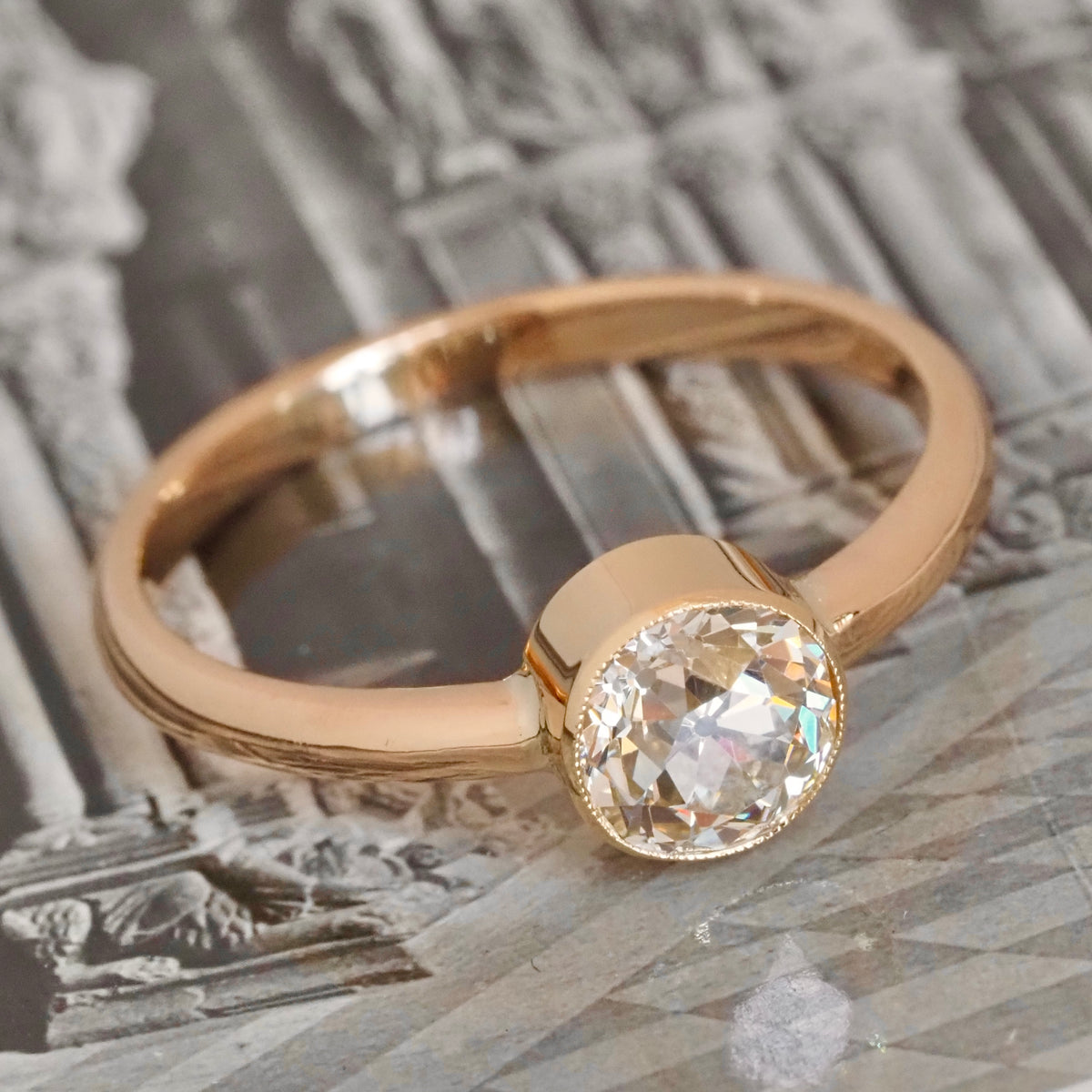 Old European Cut Diamond Bezel Set 18k Gold Engagement Ring