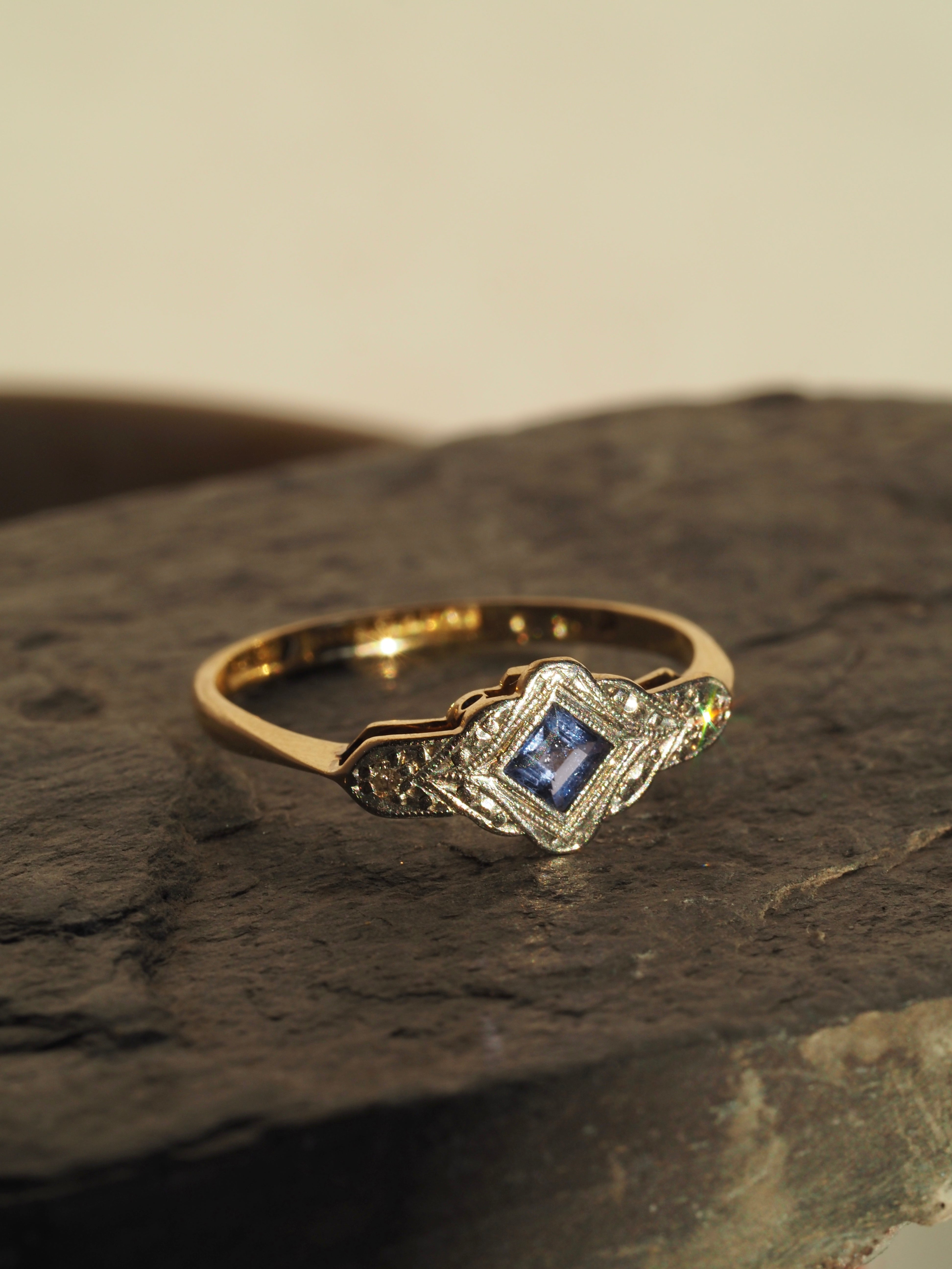 Antique English Sapphire & Diamond 18k Gold & Platinum Ring