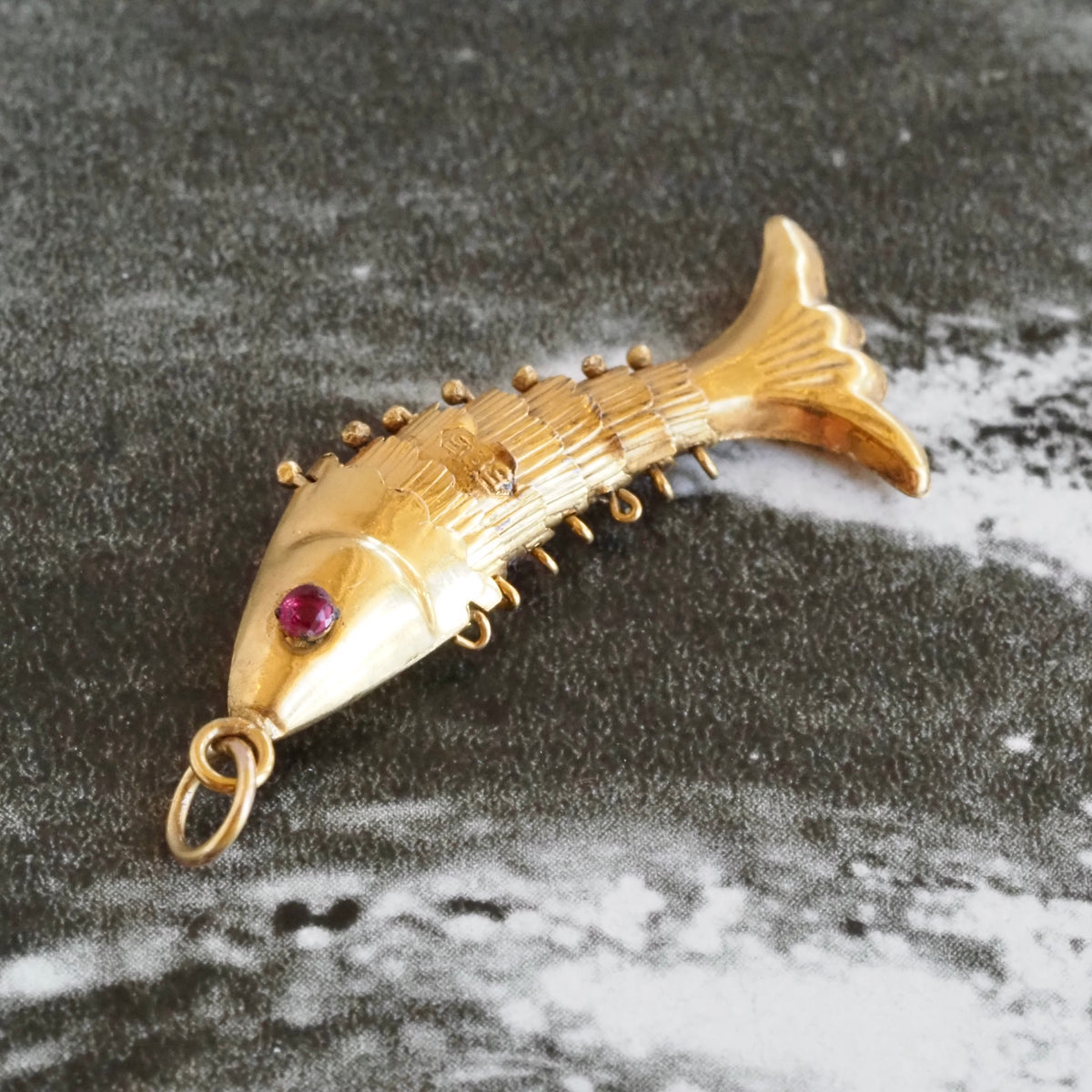 Vintage Articulated Fish 14k Gold with Ruby and Glass Eyes