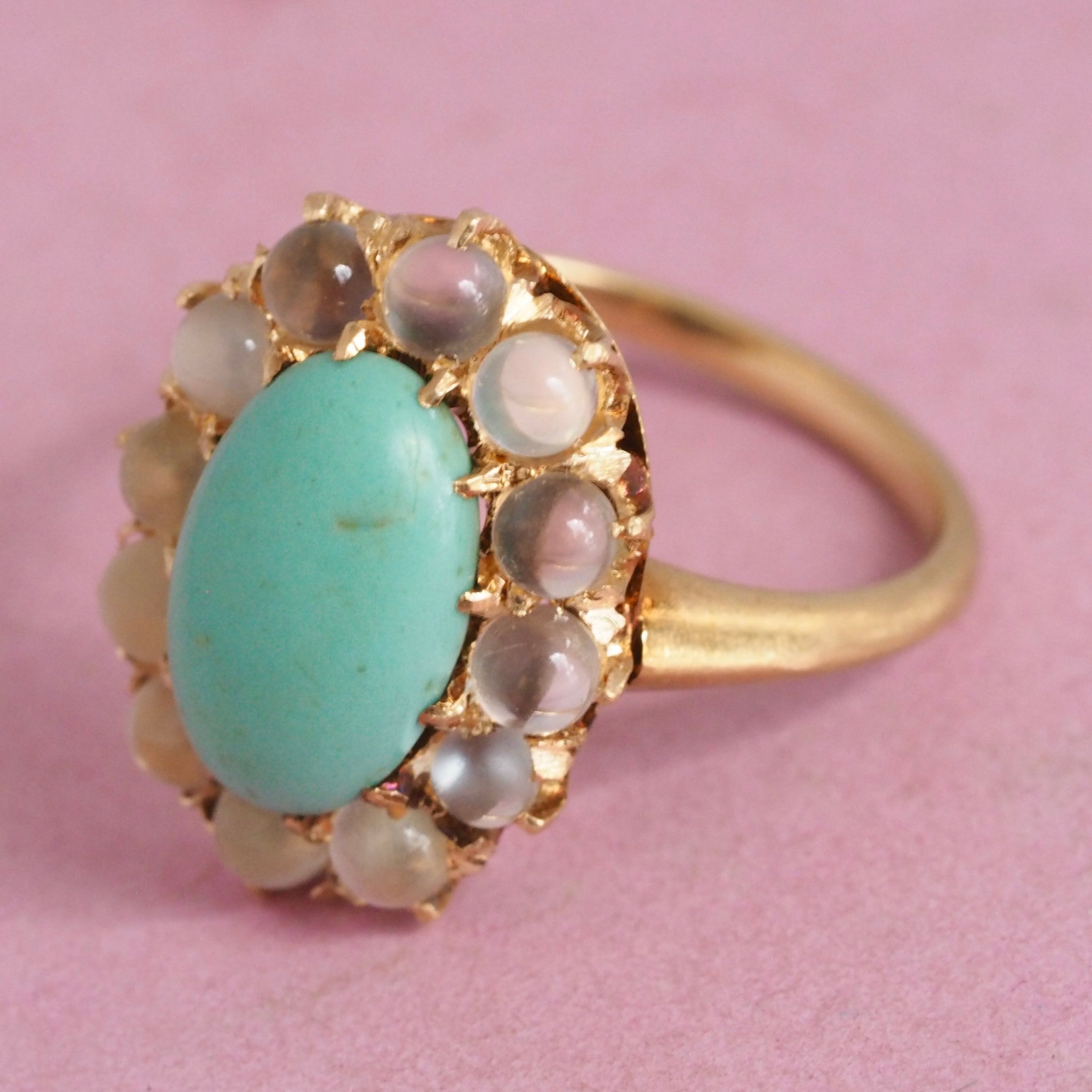 Antique Victorian 18k Gold Turquoise and Moonstone Halo Ring