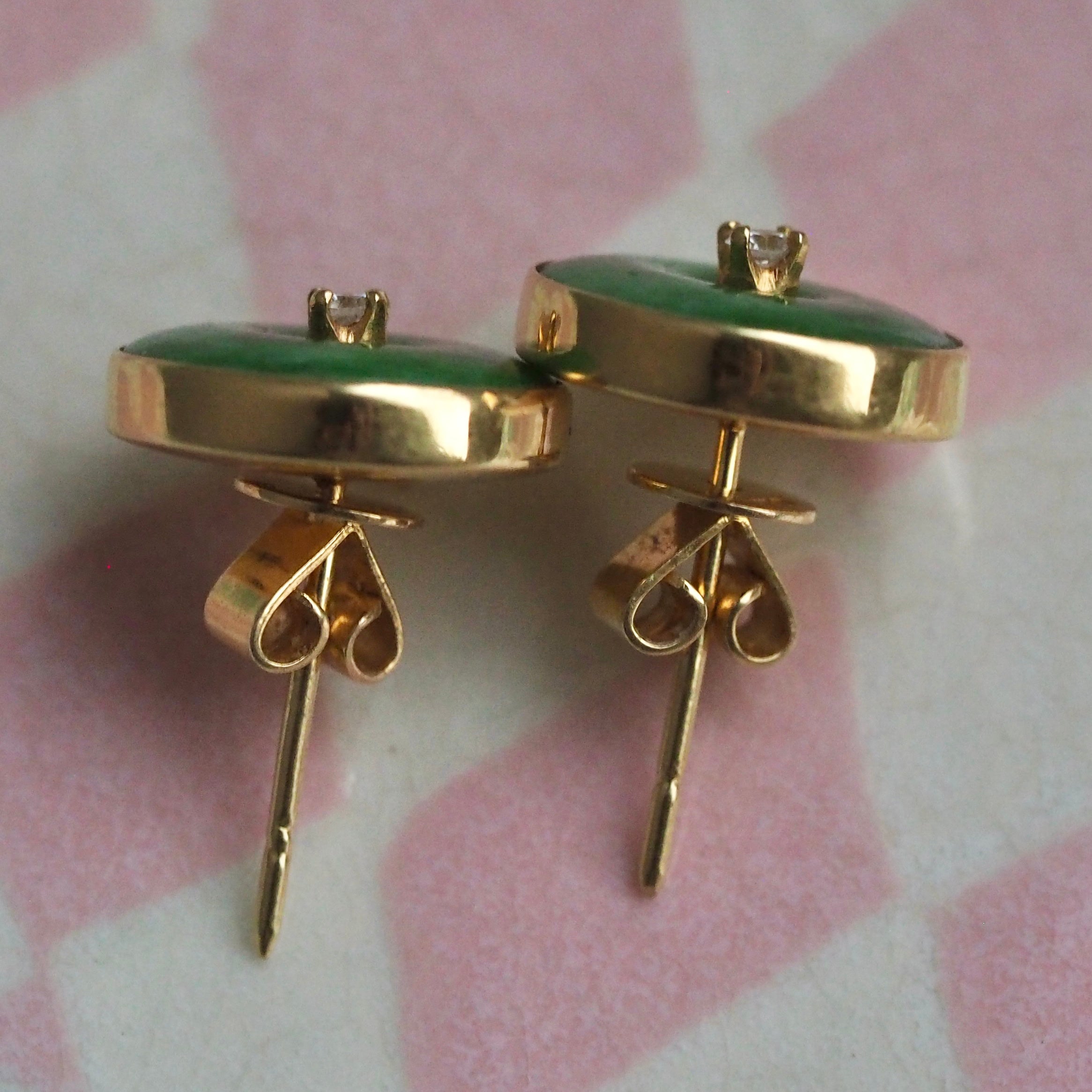 Vintage 18k Gold Jade & Diamond Earrings