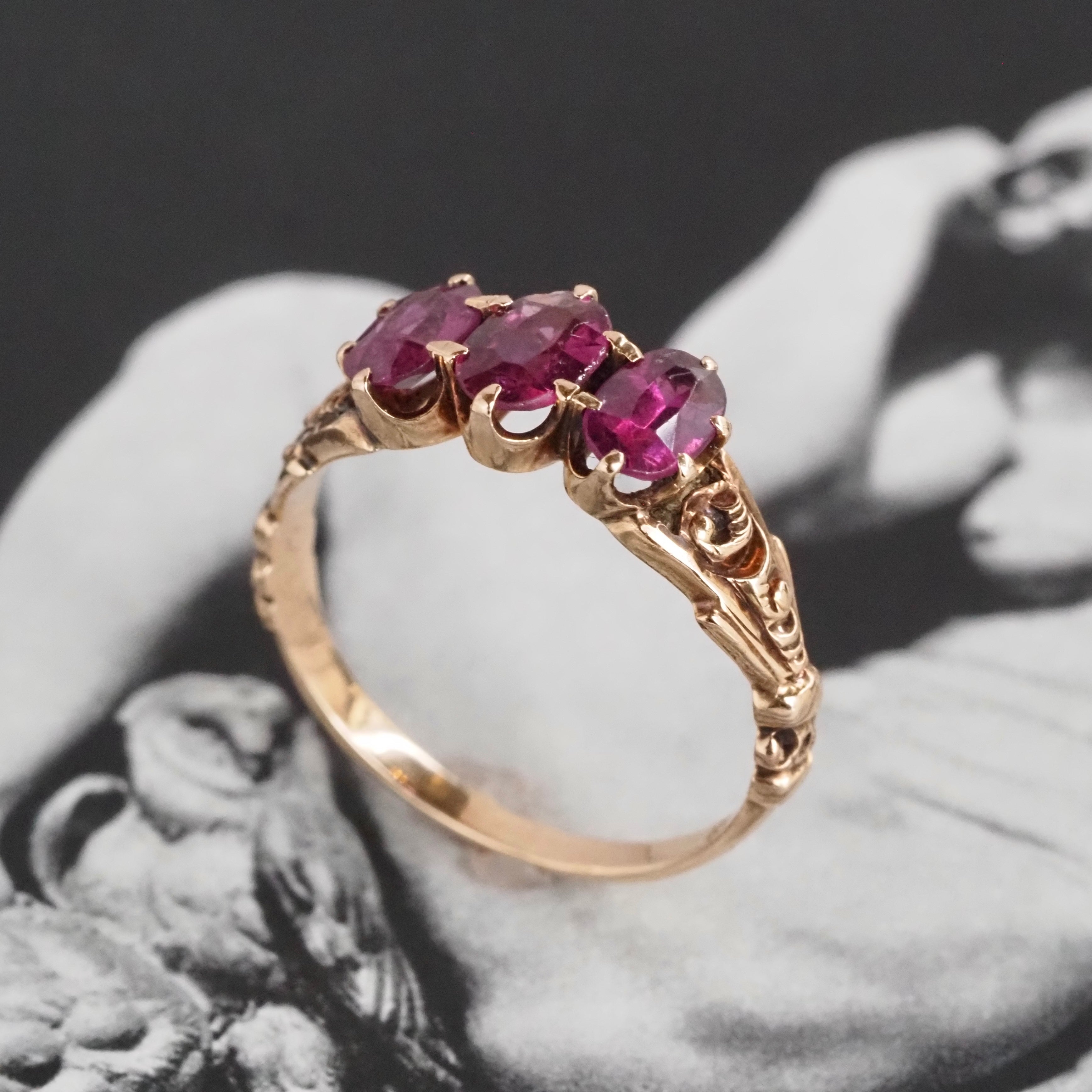 Antique Victorian Rubellite Tourmaline Trilogy 10k Gold Ring