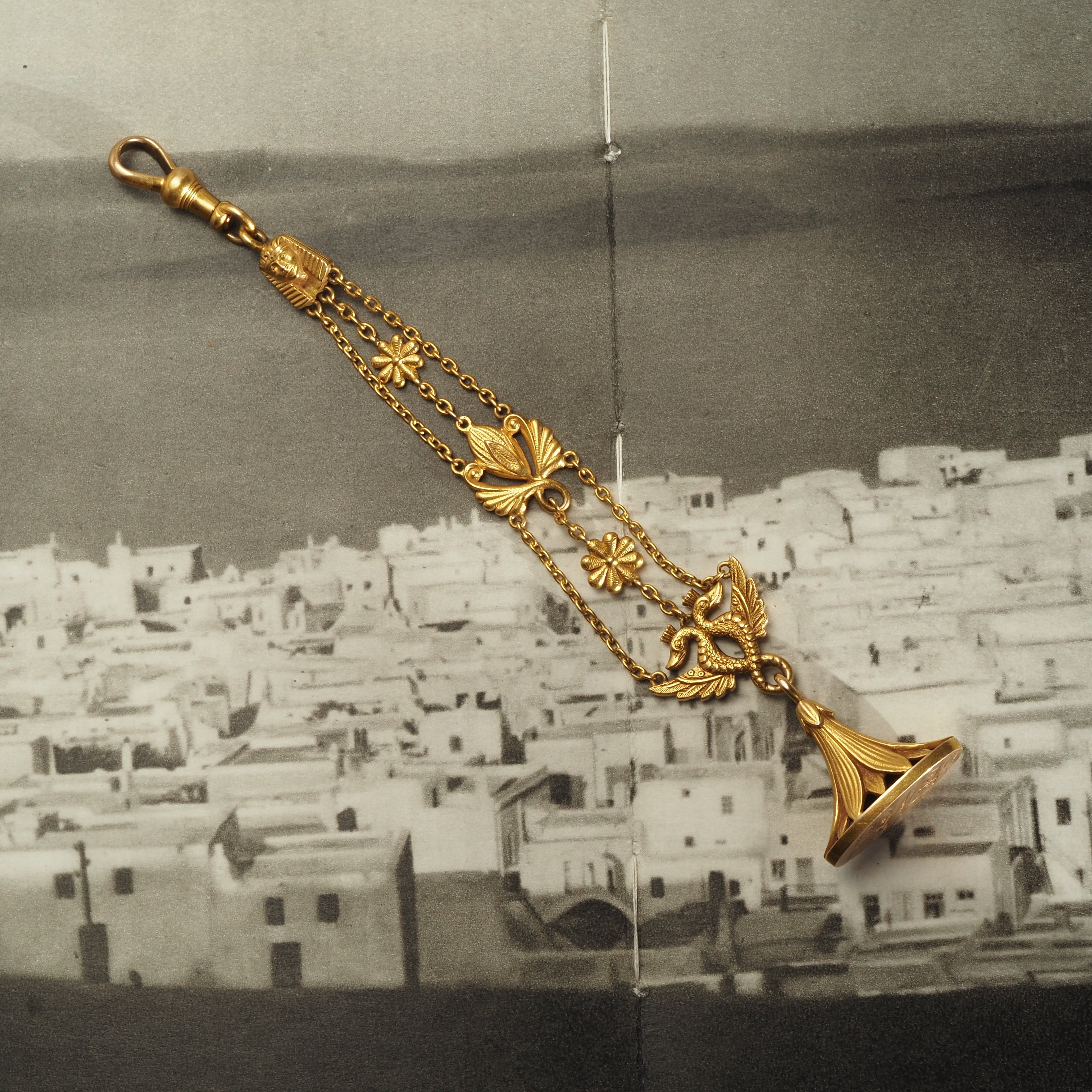 Antique Victorian Egyptian Revival Bloomed 14k Gold Floral Figurative Fob with Dog Clip