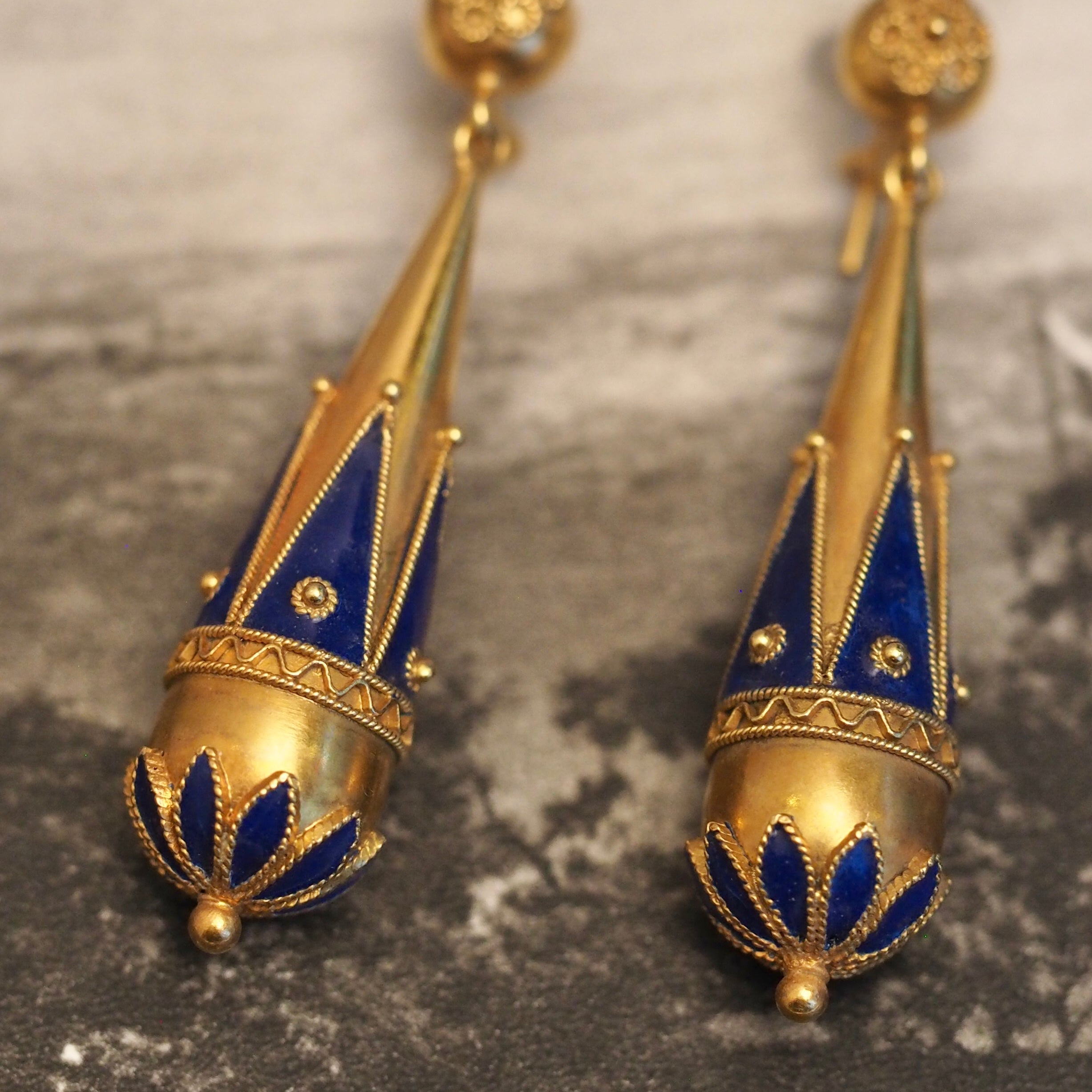 Antique English Victorian 15k Gold and Enamel Torpedo Earrings