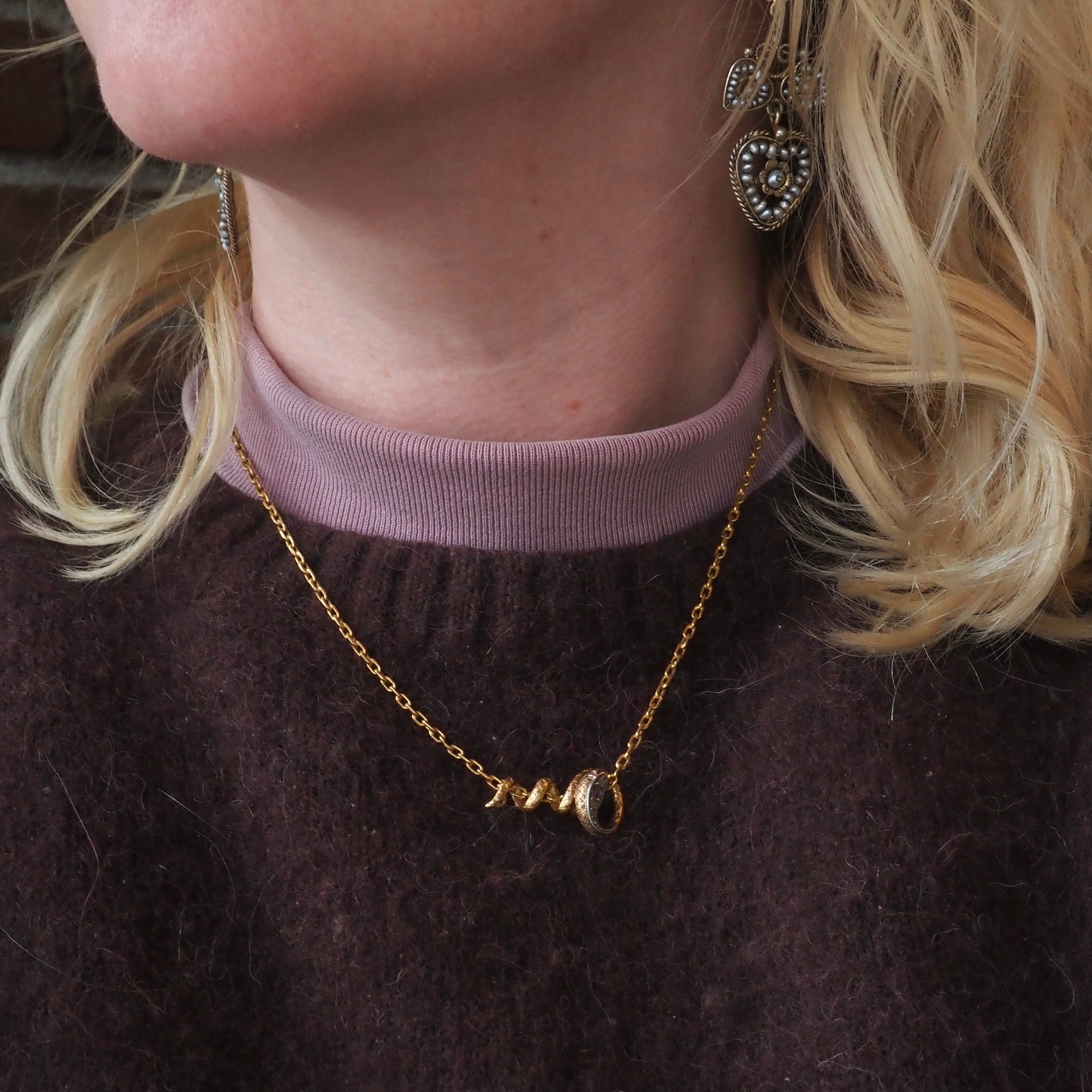 Antique Victorian Snake Natural Ruby Diamond 18k Gold Necklace