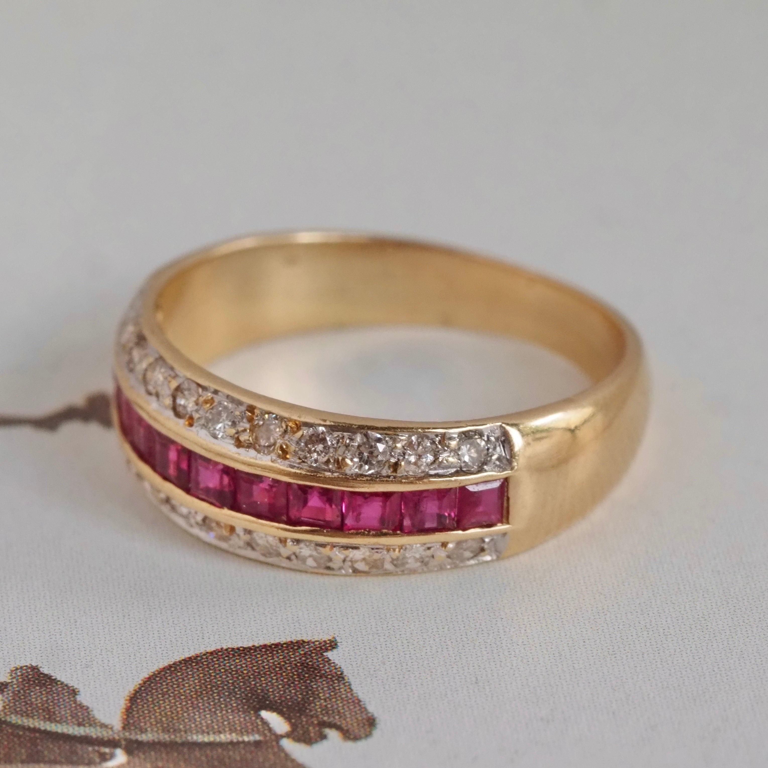 Vintage Channel Set Natural Princess Cut Ruby and Diamond 14k Gold Ring