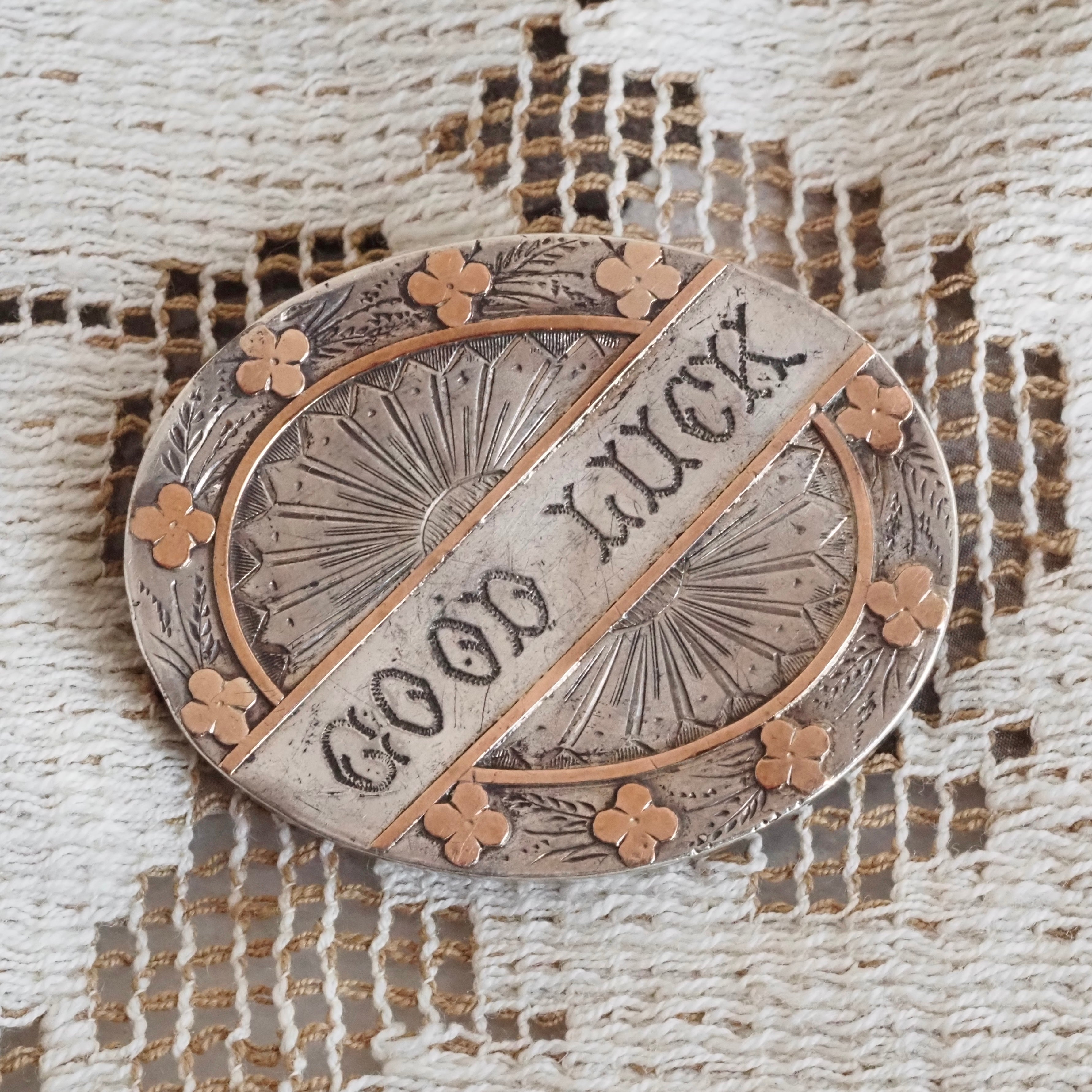 Antique Victorian “Good Luck” Sterling Silver Locket Brooch