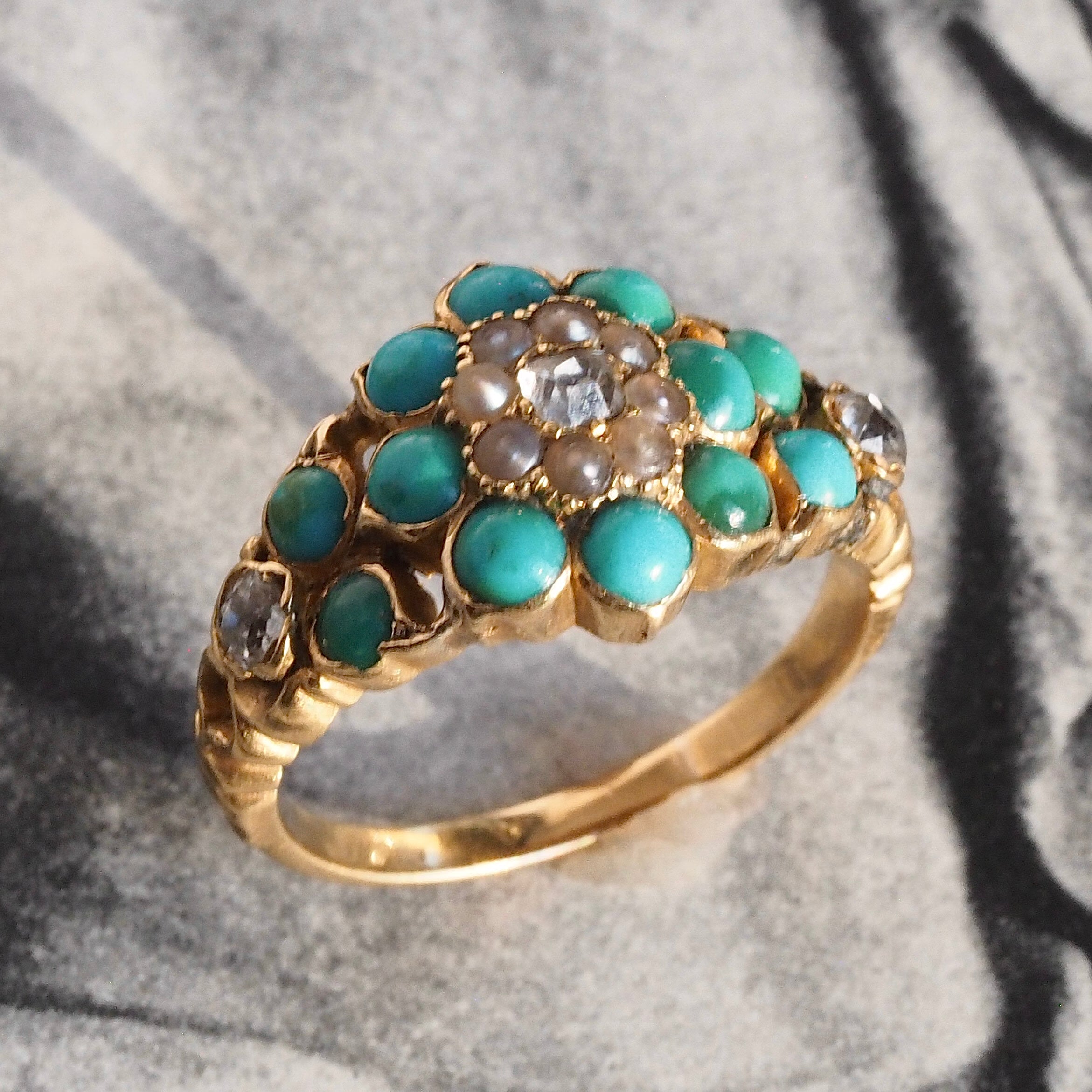 Antique Georgian 18k Gold Turquoise, Pearl and Diamond Ring