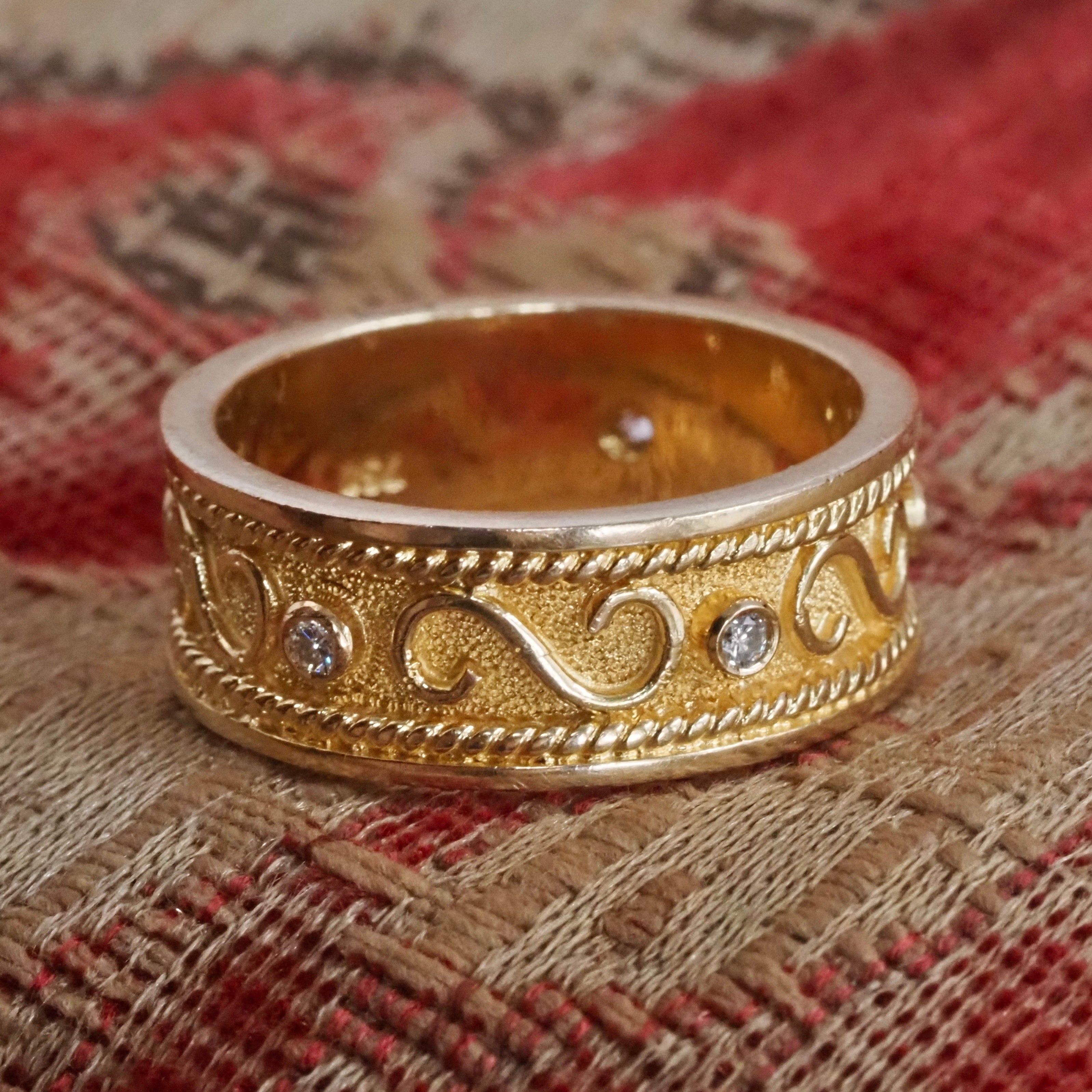 Vintage Etruscan Style 18k Gold Diamond Wide Band