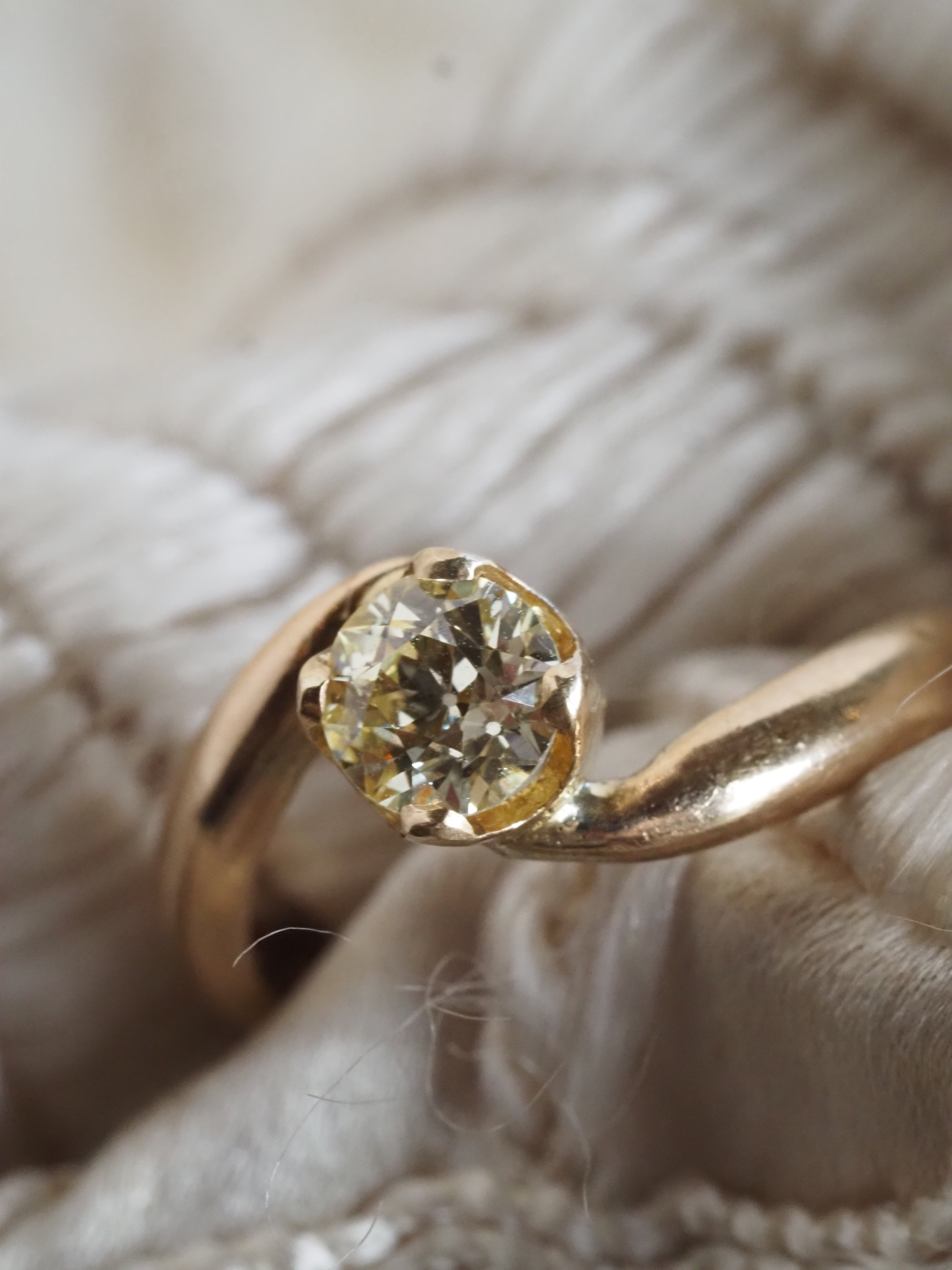 Mid-Century Light Yellow Old European Cut Diamond 14k Gold Bypass Solitaire Engagement Ring