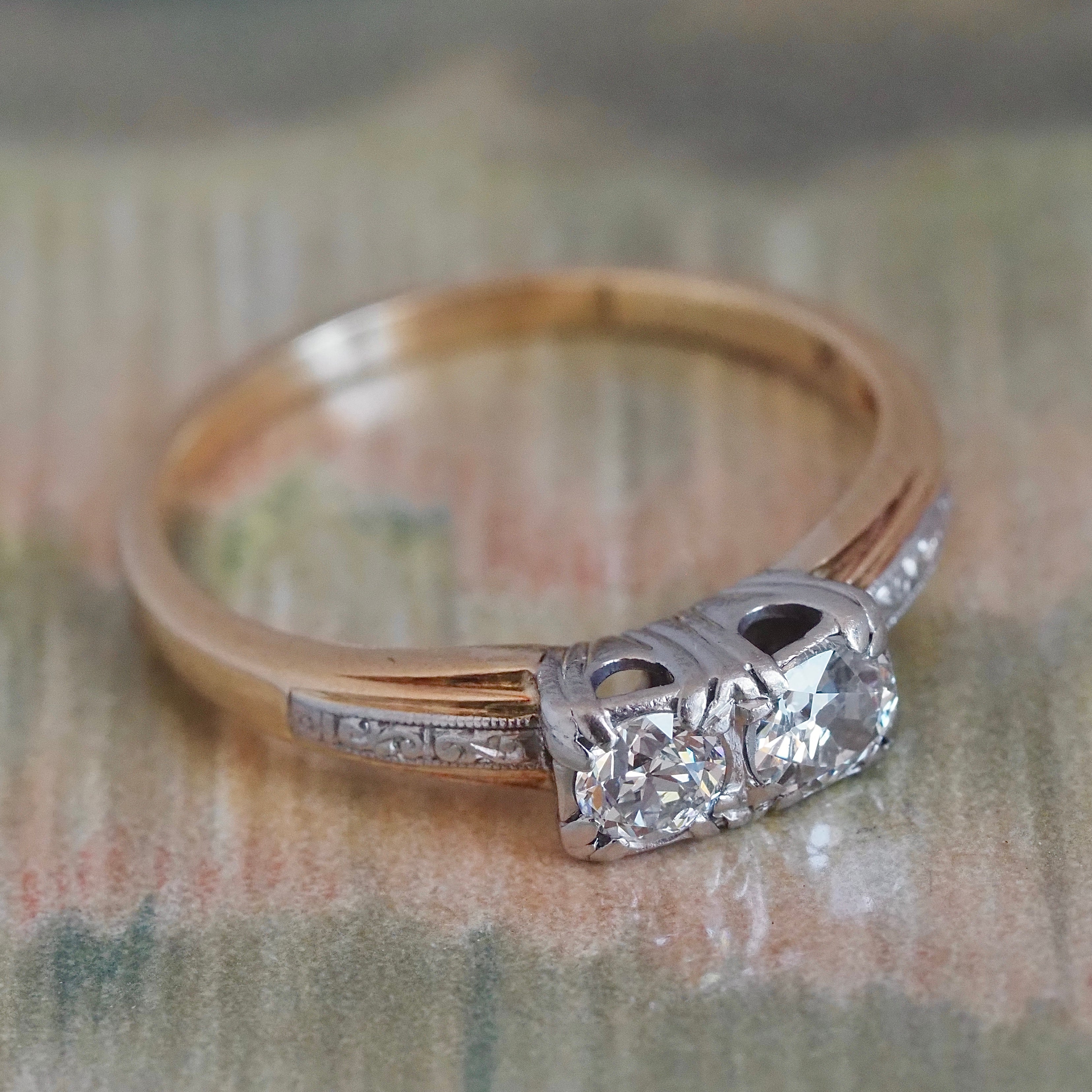 Antique Art Deco Double Old European Cut Diamond 14k Gold & Palladium Engagement Ring