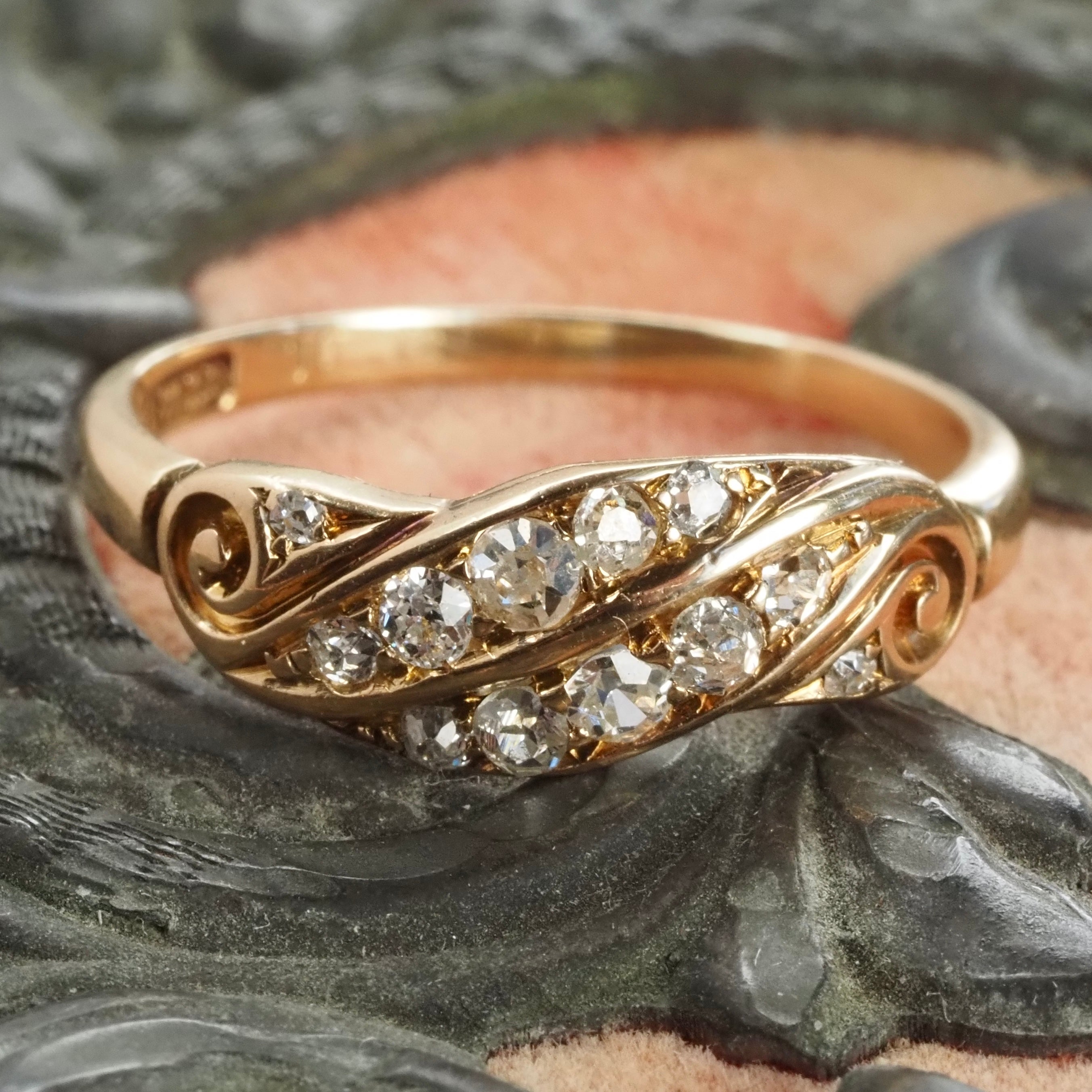 Antique English Old Mine Cut Diamond 18k Gold Scroll Ring