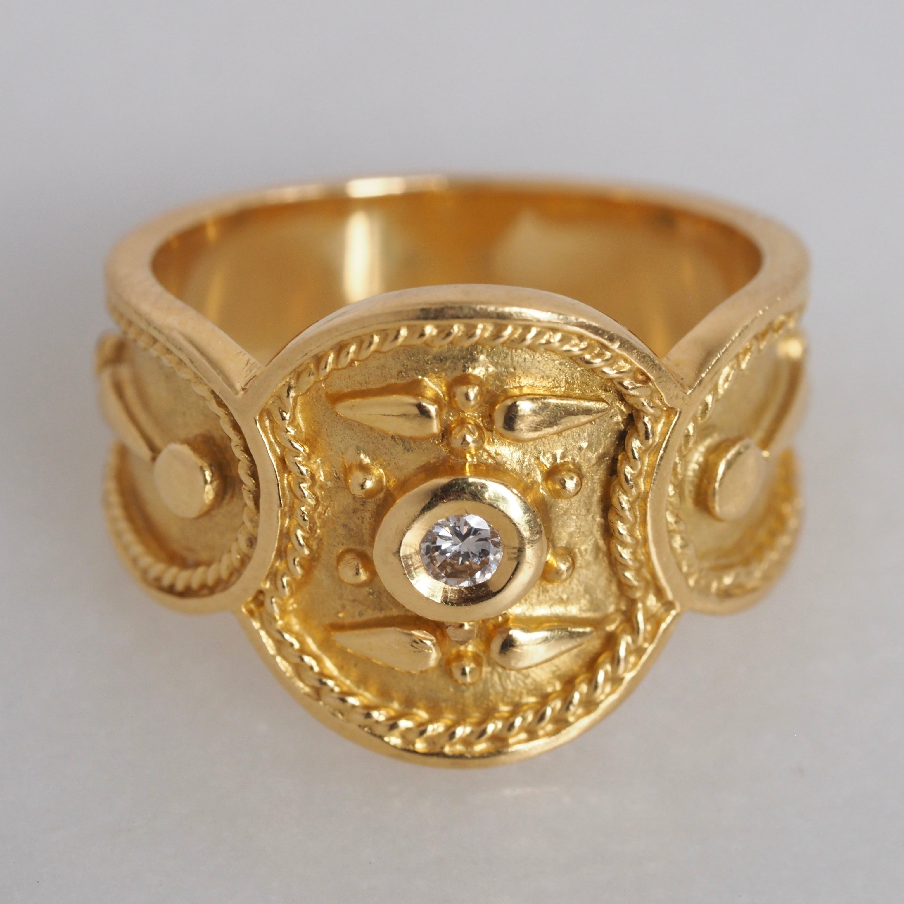 Vintage Portuguese 19k Gold and Bezel Set Diamond Ornate Ring