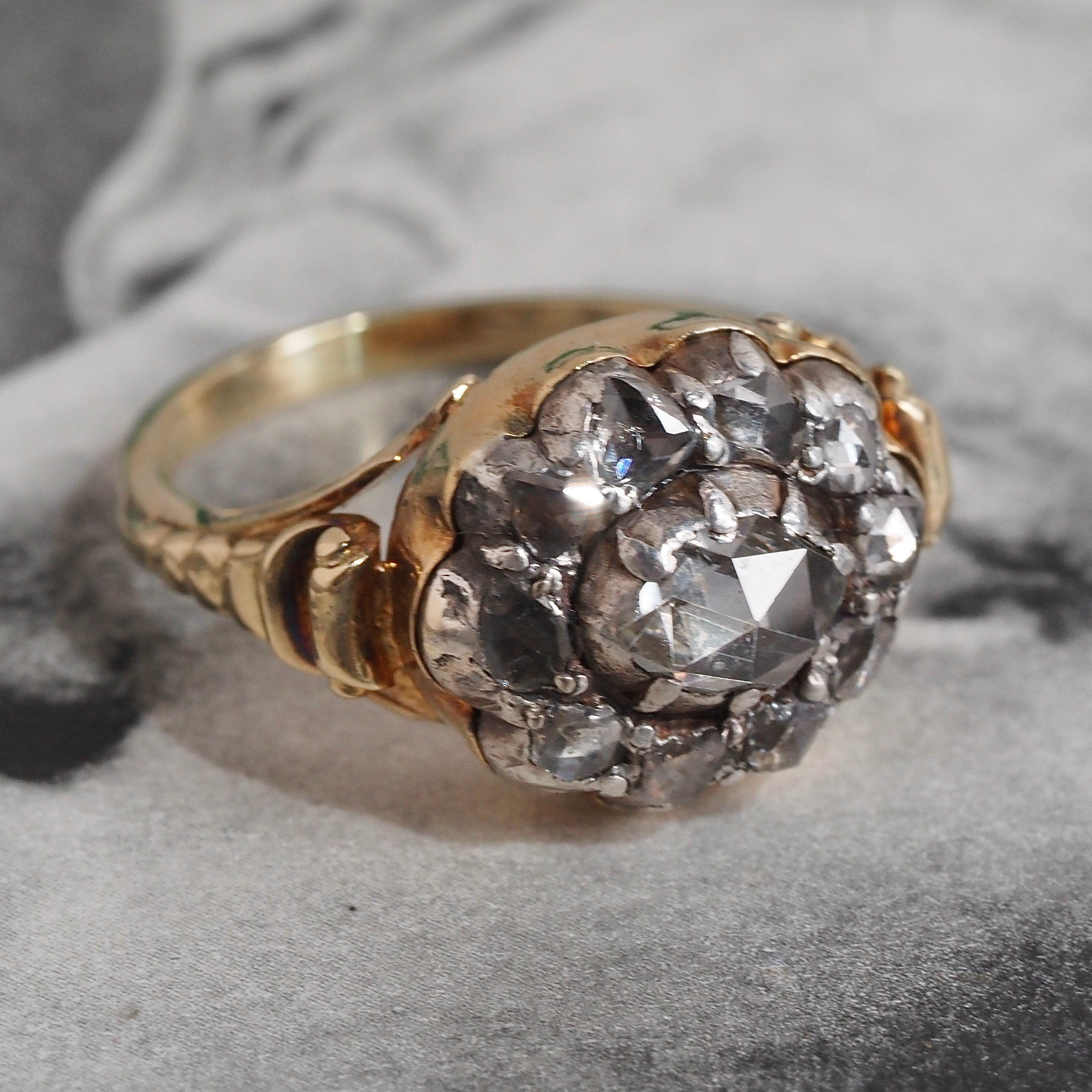 Antique Georgian c. 1800-1810 18k Gold Foil Backed Rose Cut Diamond Cluster Ring