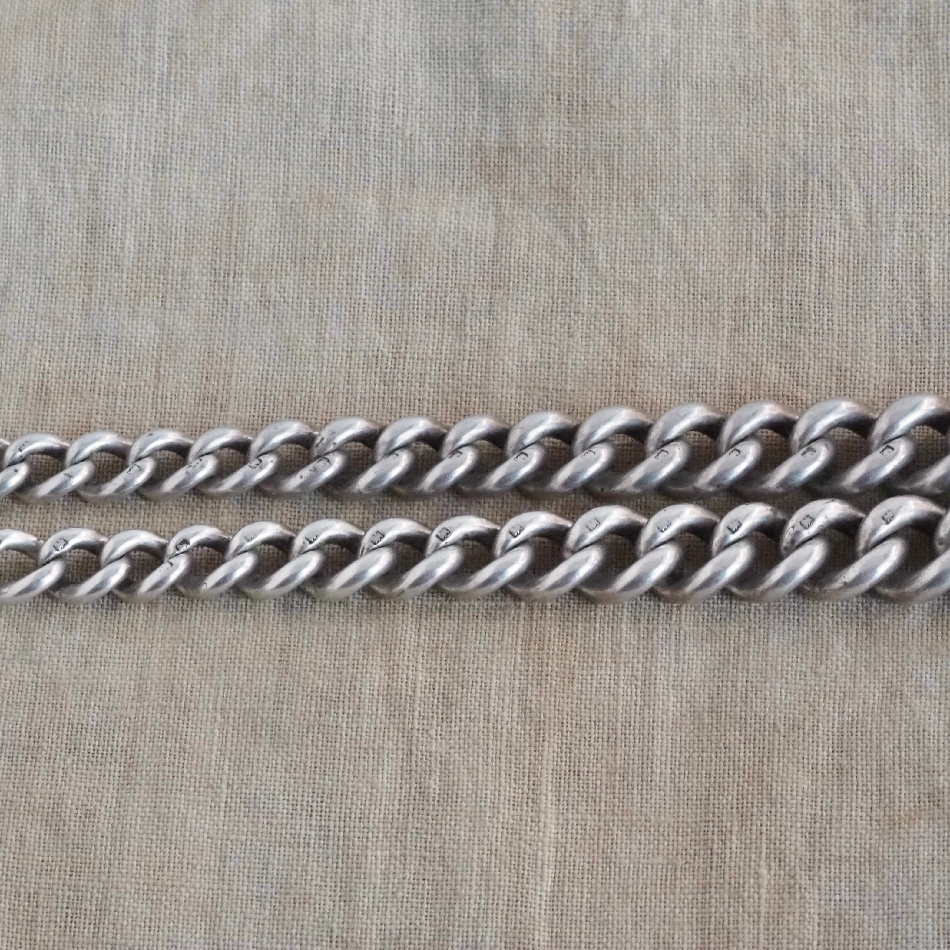 Antique English Sterling Silver Watch Chain Necklace With Graduated Links & T Bar