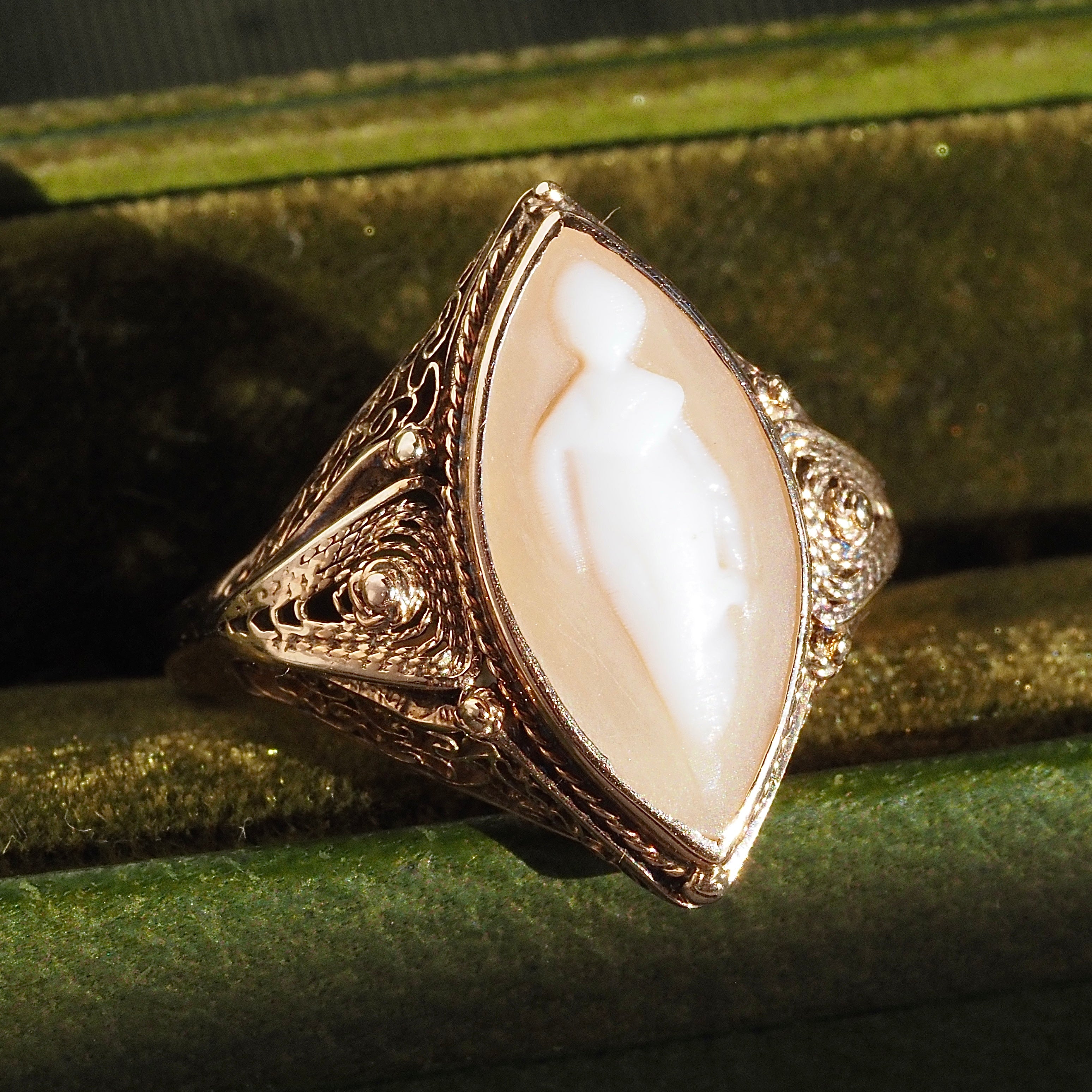 Antique Victorian Coral "Woman of the Mist" Cameo 10k Ring