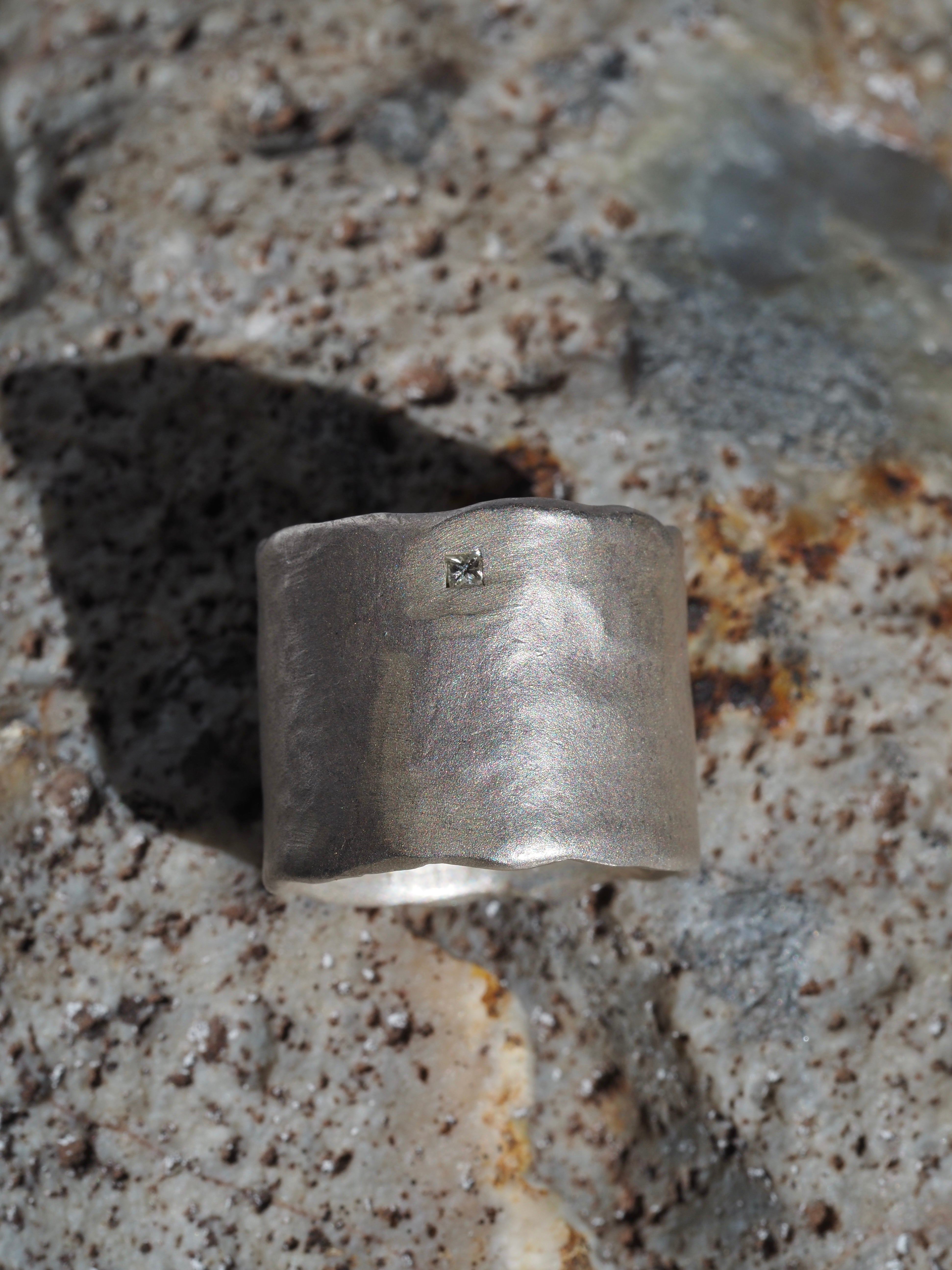 Sterling Silver Wide Organic Band With Diamond