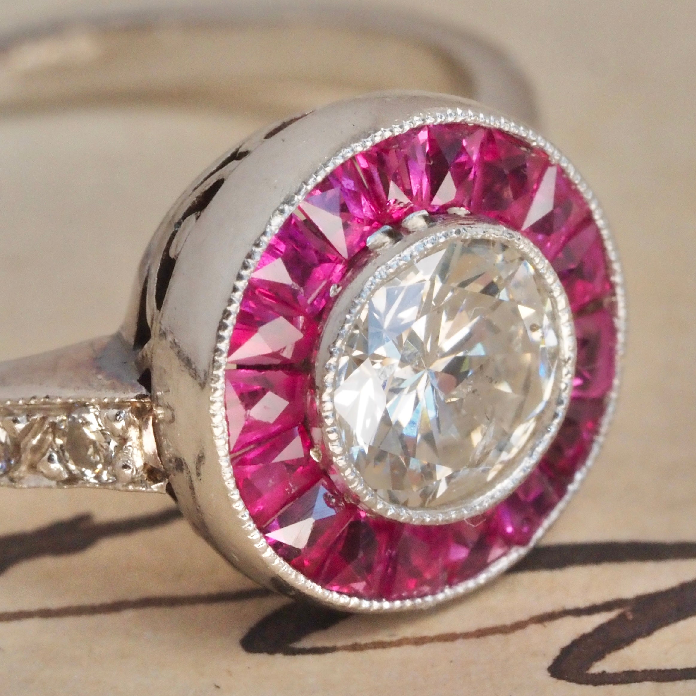 Vintage Art Deco Style French Cut Natural Ruby Diamond Platinum Target Ring