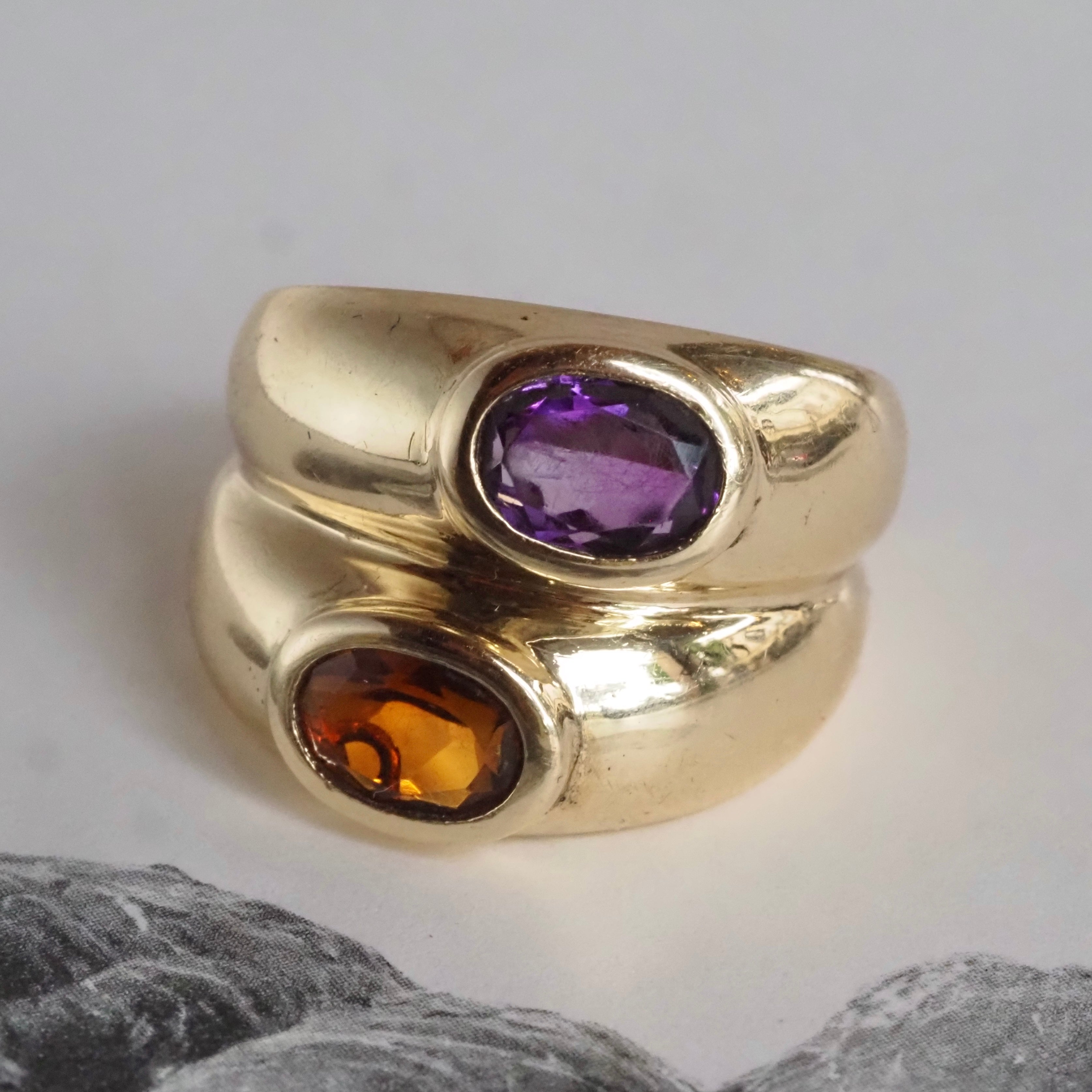 Vintage Citrine and Amethyst Double Dome Bezel Set 14k Gold Ring