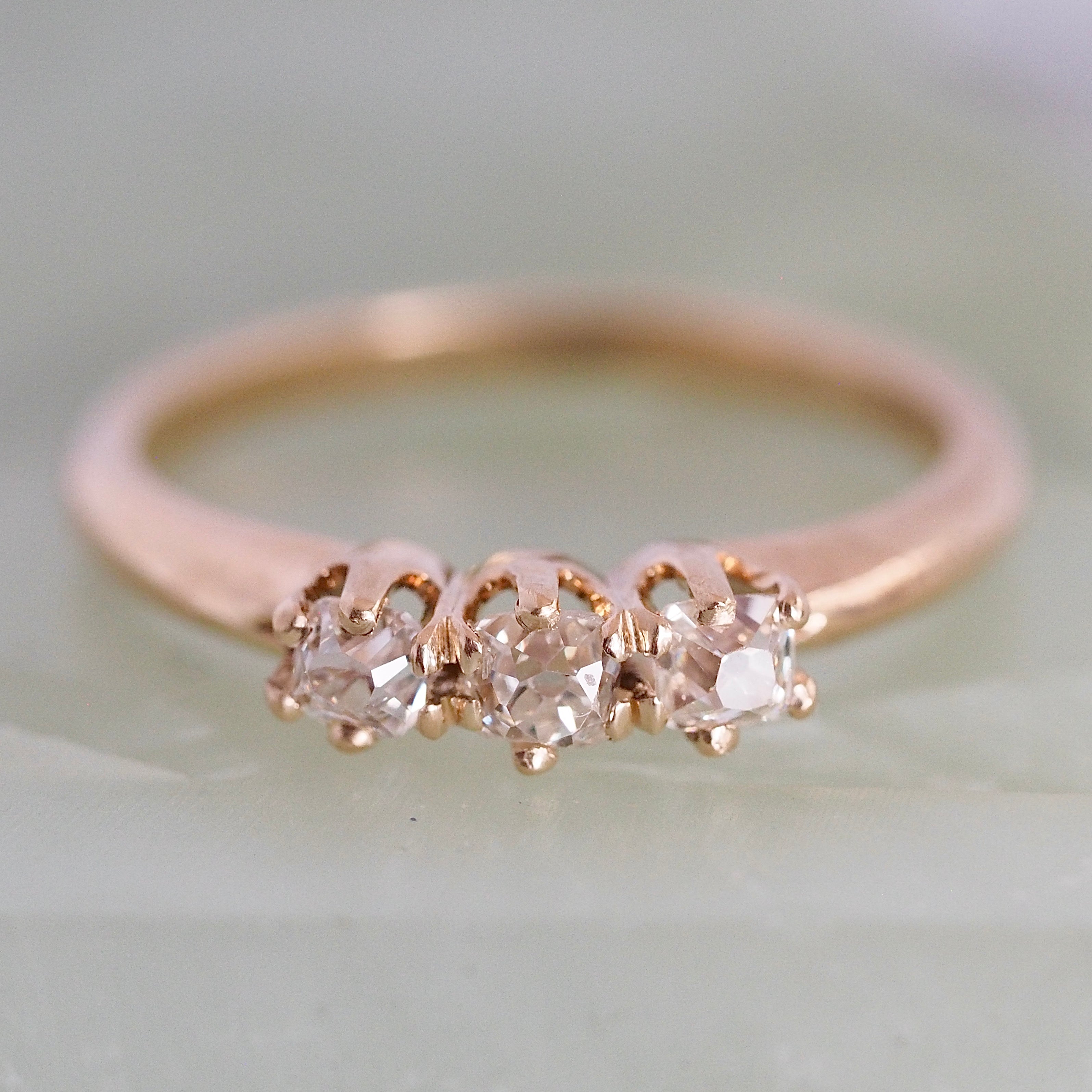 Antique 14k Gold Old Mine Cut Diamond Trilogy Engagement Ring