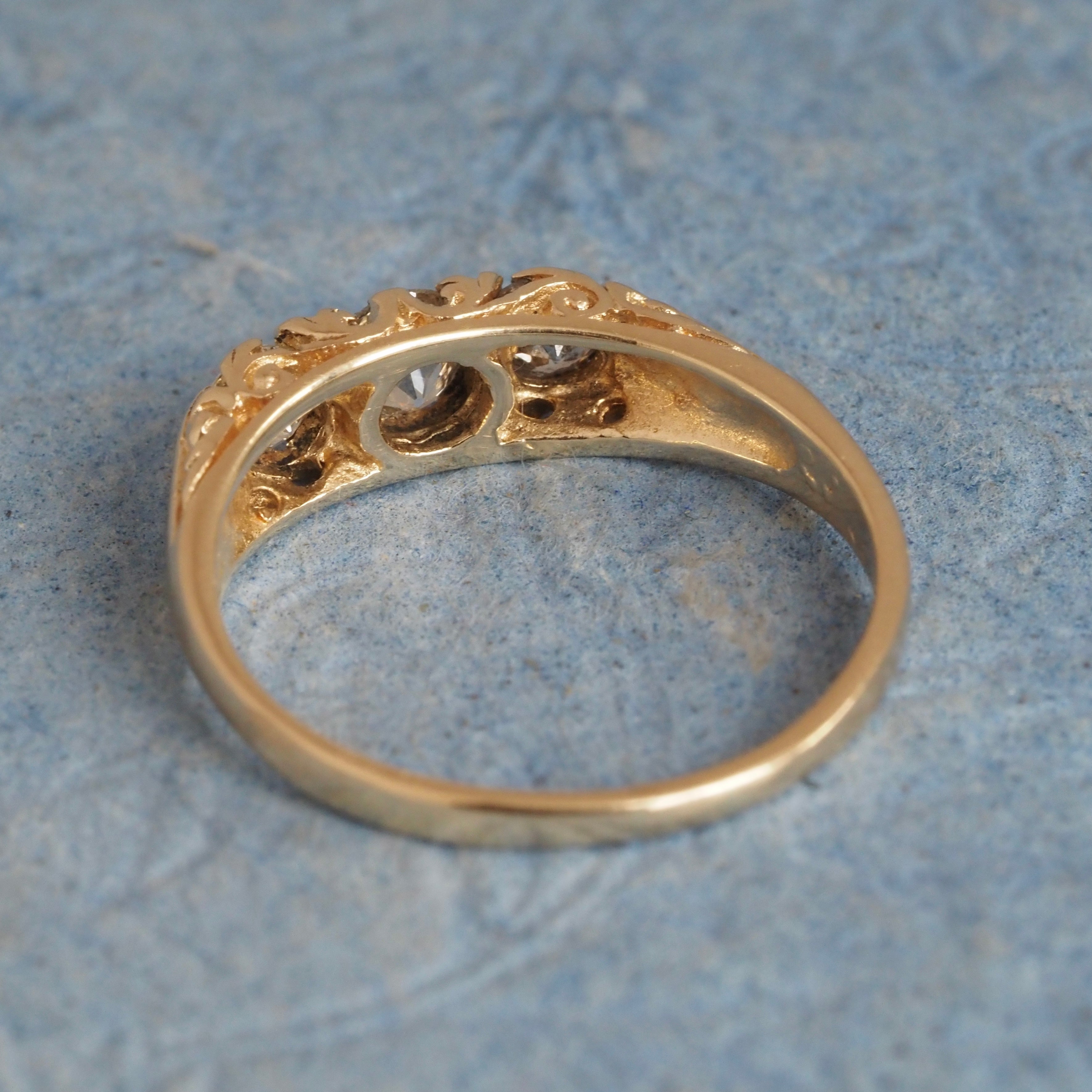 Art Nouveau Style Antique Old Mine Cut Diamond Trilogy 14k Gold Ring