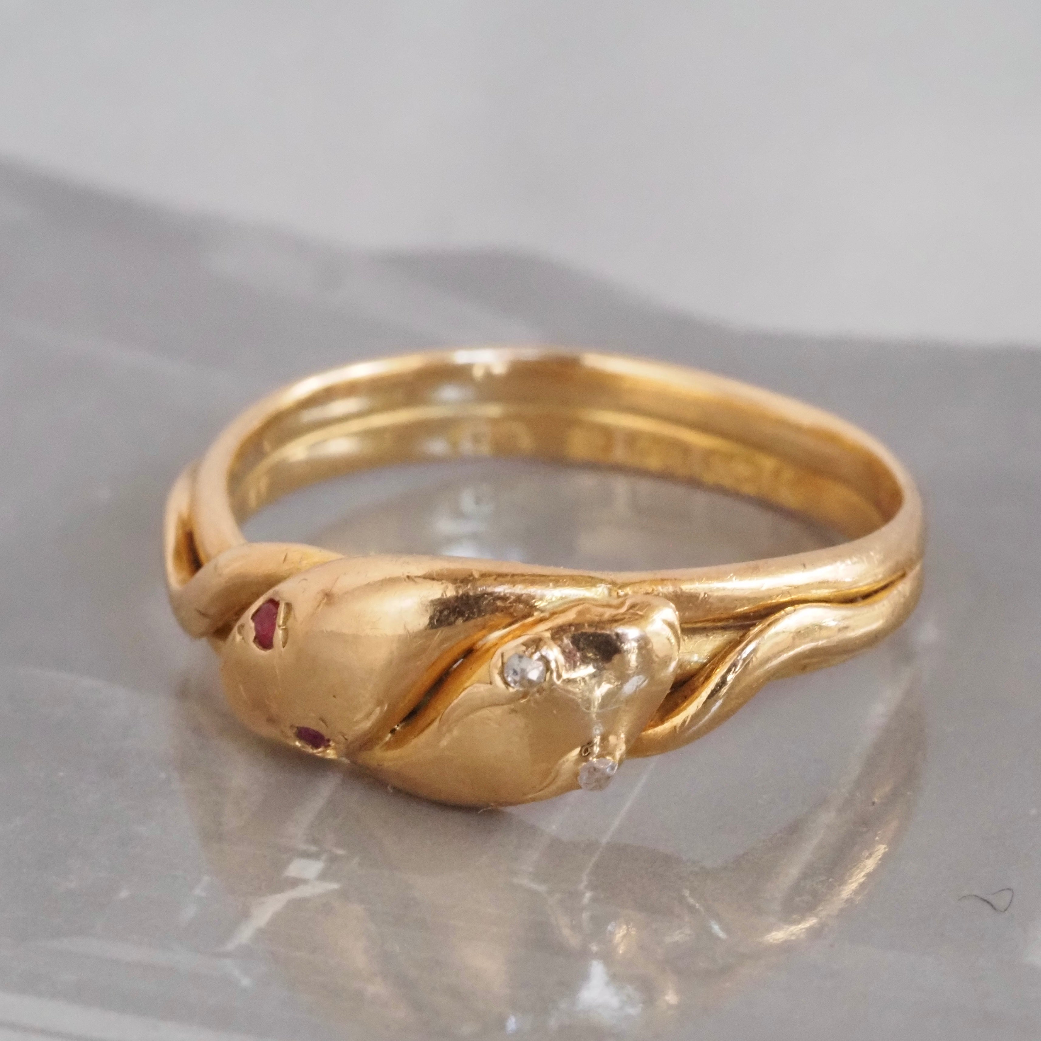 Antique c. 1891 English Double Snake Ruby and Diamond 18k Gold Ring